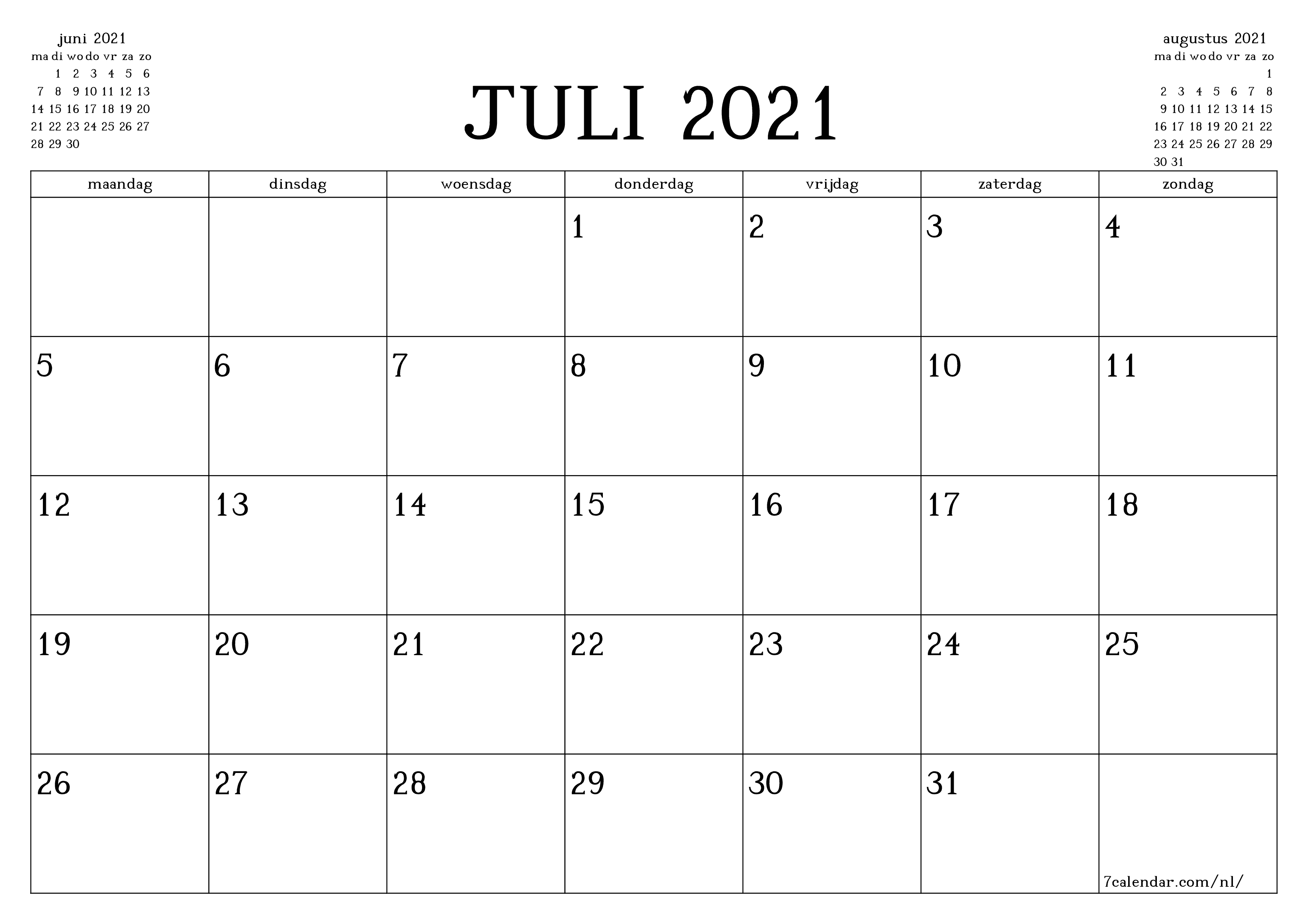Lege maandplanner voor maand juli 2021 met notities, opslaan en afdrukken naar pdf PNG Dutch