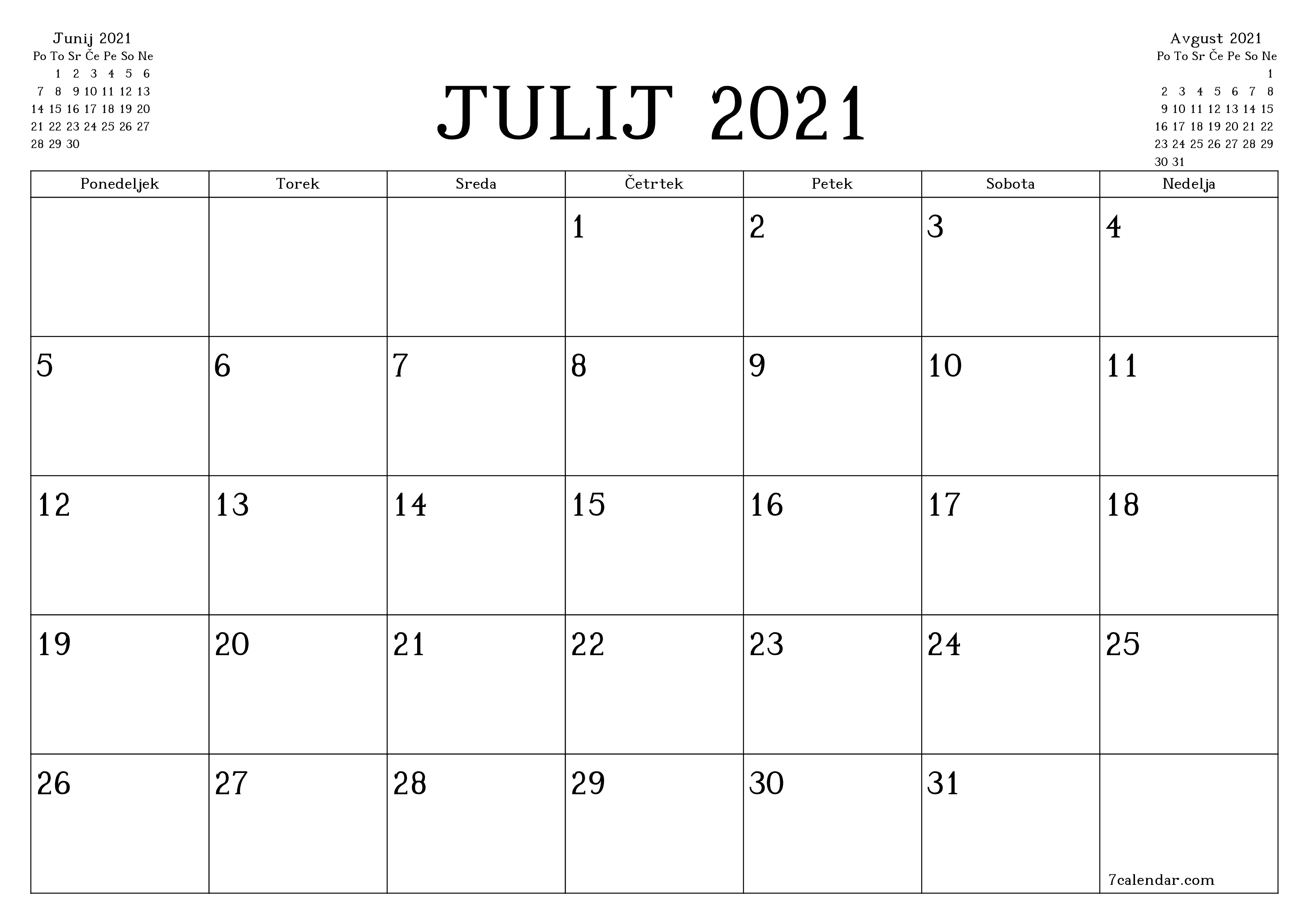 Prazen mesečni načrtovalec koledarja za mesec Julij 2021 z opombami, natisnjenimi v PDF PNG Slovenian