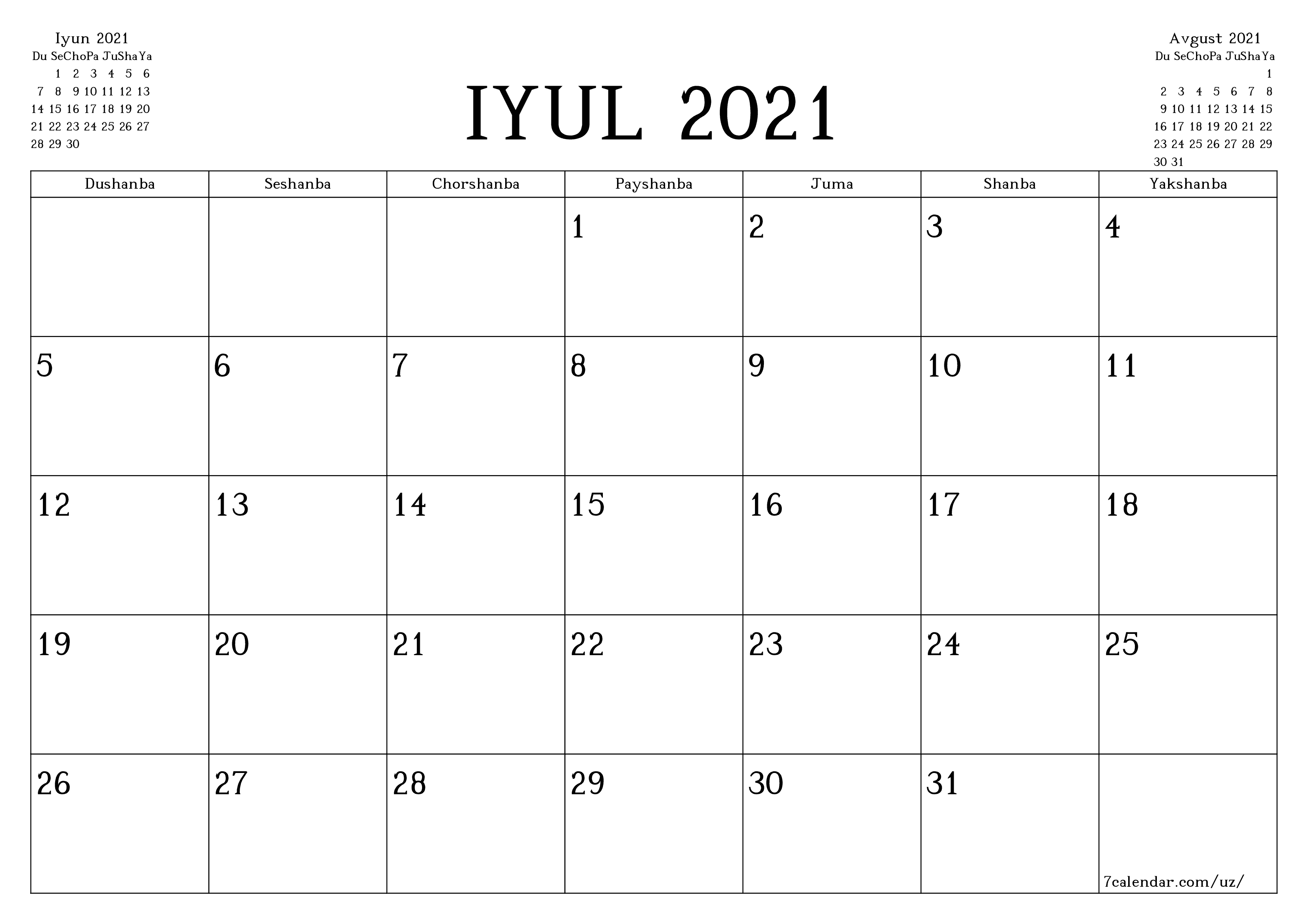 Iyul 2021 oylik oylik rejalashtiruvchini yozuvlar bilan bo'shatish, saqlash va PDF-ga chop etish PNG Uzbek
