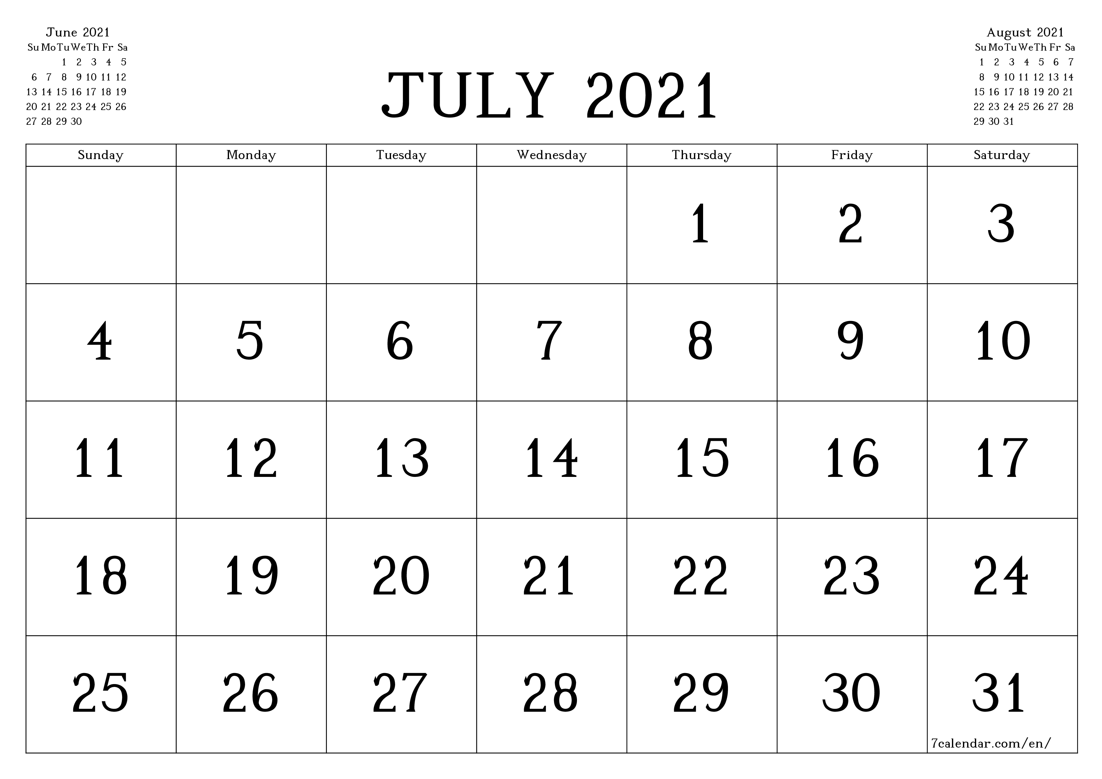 Blank monthly printable calendar and planner for month July 2021 with notes save and print to PDF PNG English