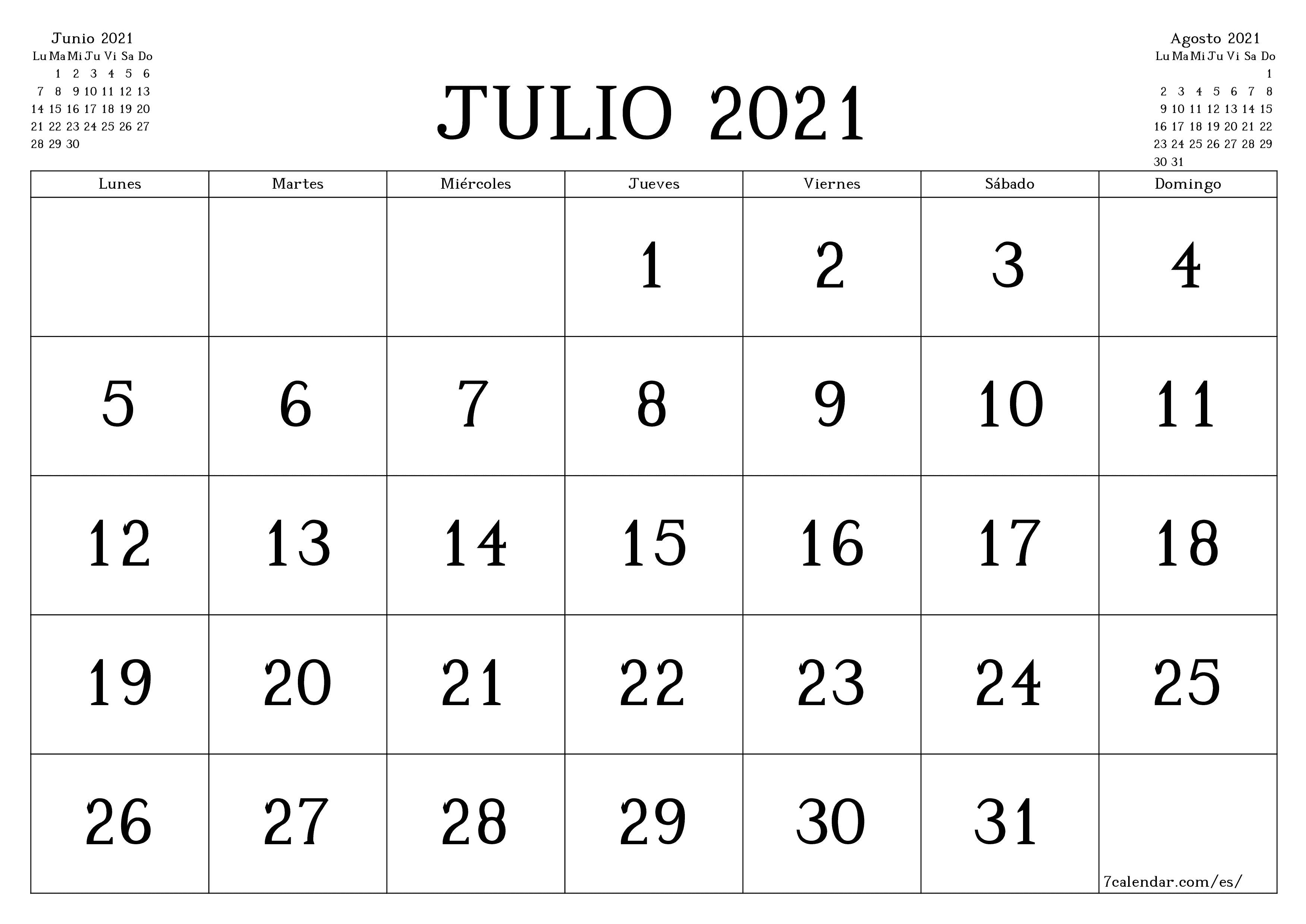 Planificador mensual vacío para el mes Julio 2021 con notas, guardar e imprimir en PDF PNG Spanish