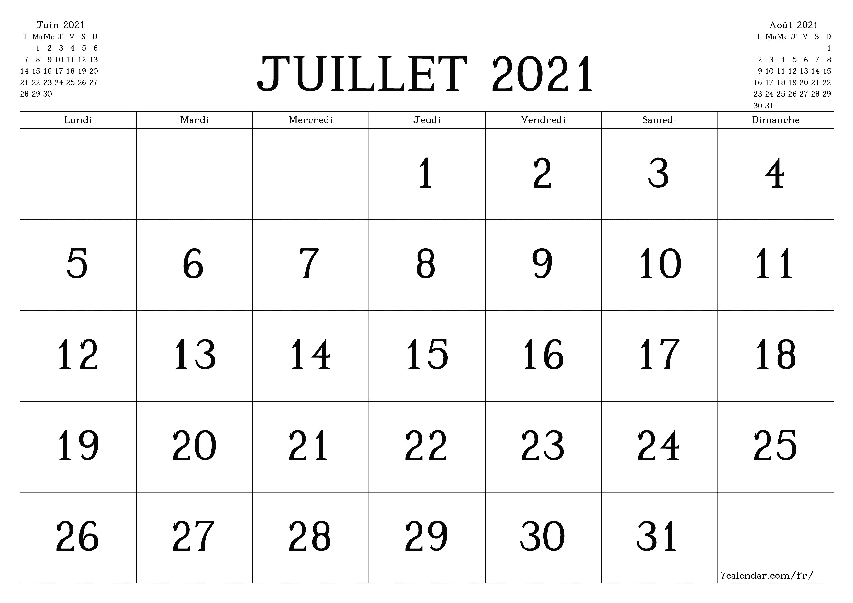 Agenda mensuel vide pour le mois Juillet 2021 avec notes, enregistrez et imprimez au format PDF PNG French