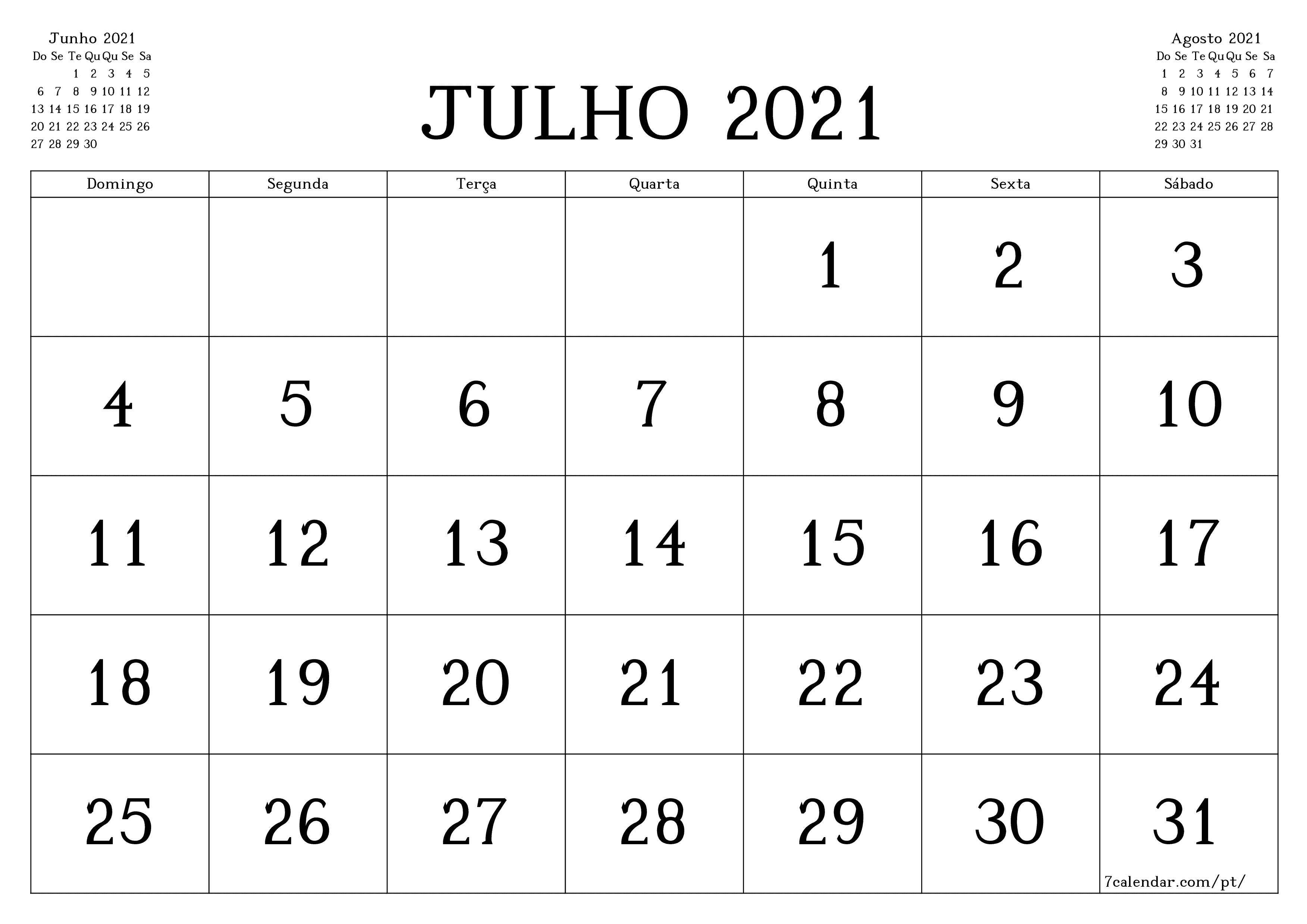 Esvazie o planejador mensal para o mês Julho 2021 com notas, salve e imprima em PDF PNG Portuguese