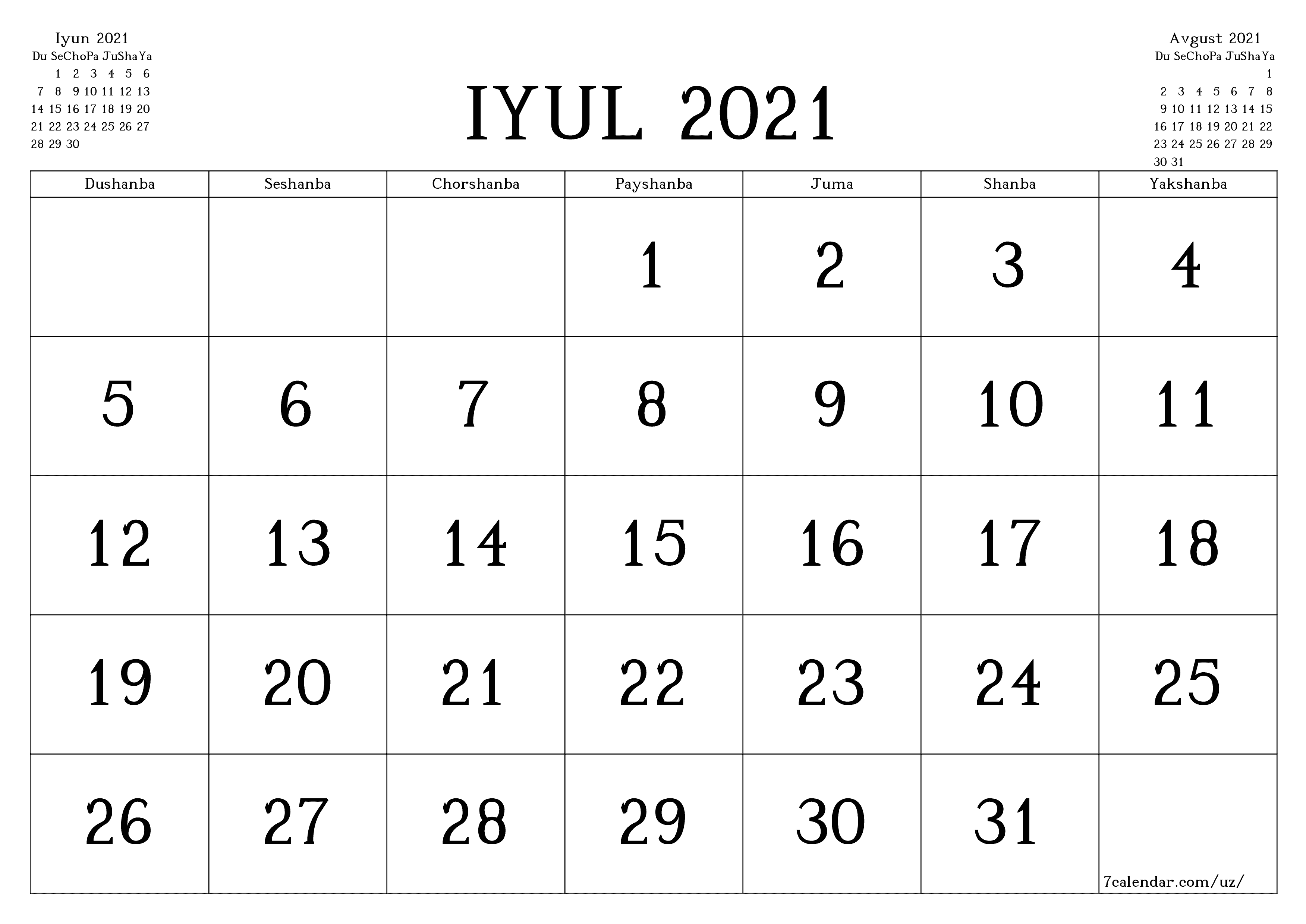 Iyul 2021 oylik oylik rejalashtiruvchini yozuvlar bilan bo'shatish, saqlash va PDF-ga chop etish PNG Uzbek