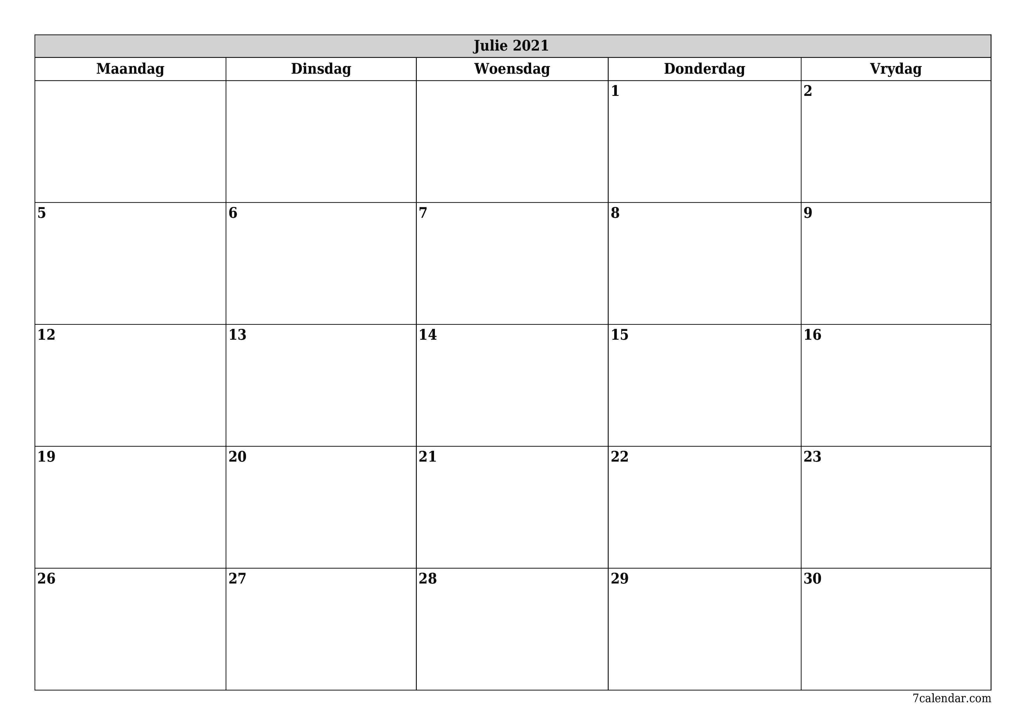 Leë maandelikse drukbare kalender en beplanner vir maand Julie 2021 met notas stoor en druk na PDF PNG Afrikaans