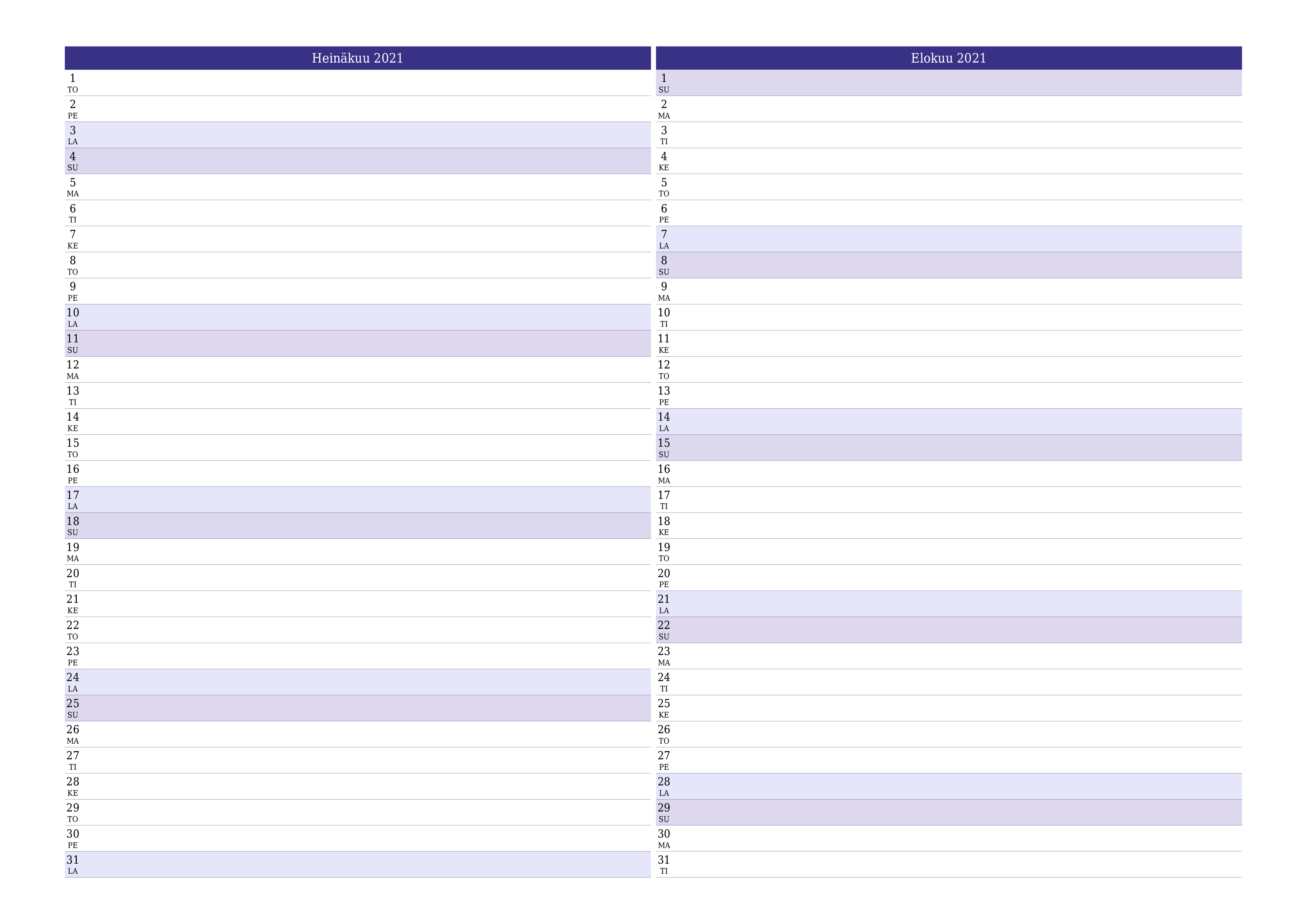 Tyhjennä kuukausittainen suunnittelija kuukaudelle Heinäkuu 2021 muistiinpanoilla, tallenna ja tulosta PDF-muotoon PNG Finnish