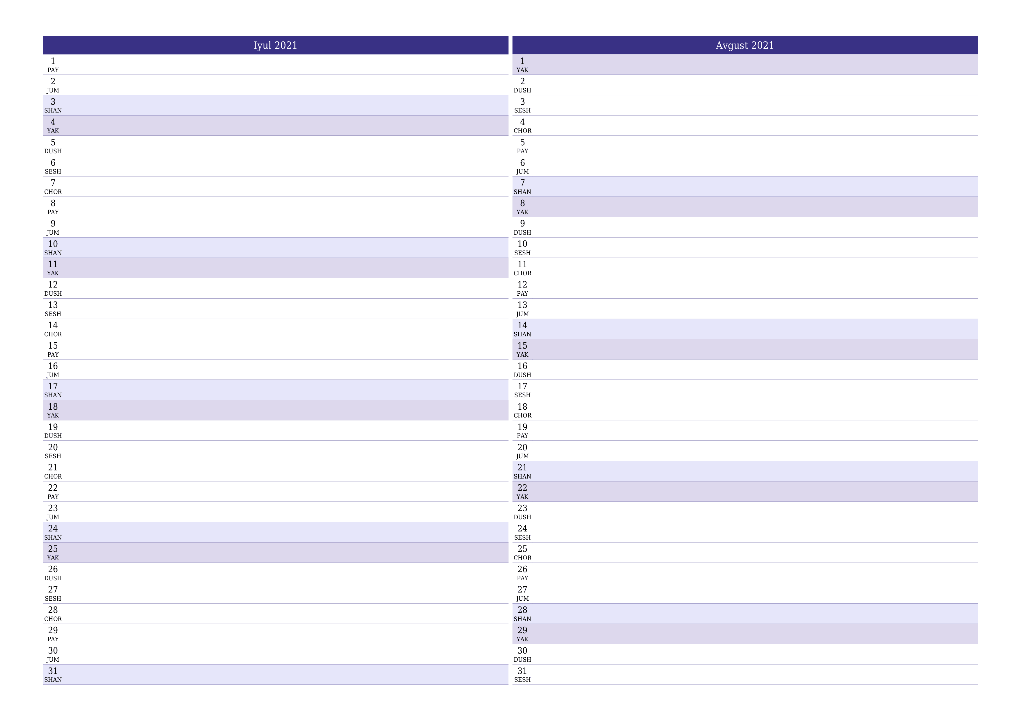 Iyul 2021 oylik oylik rejalashtiruvchini yozuvlar bilan bo'shatish, saqlash va PDF-ga chop etish PNG Uzbek