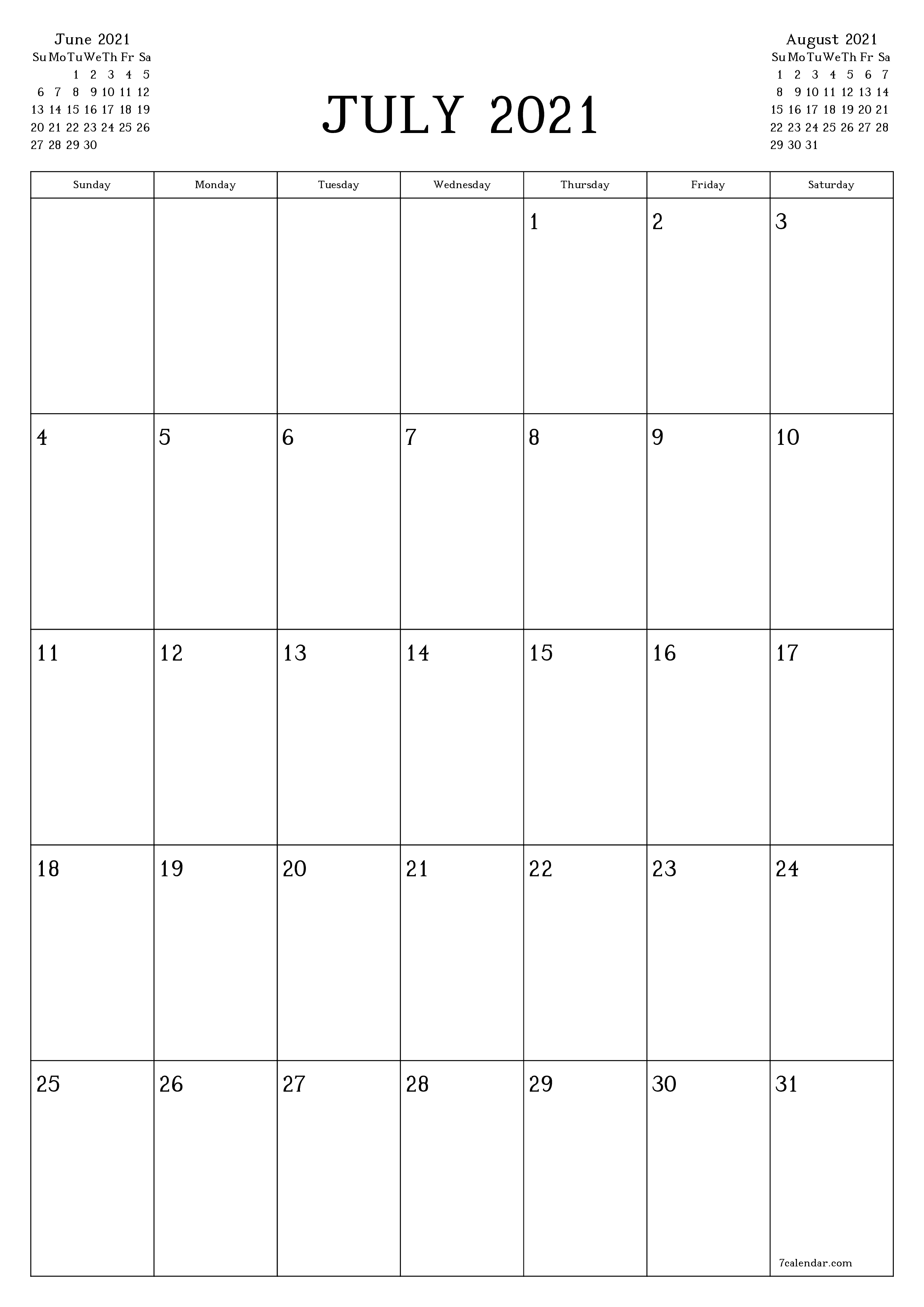 Blank monthly calendar planner for month July 2021 with notes save and print to PDF PNG English - 7calendar.com