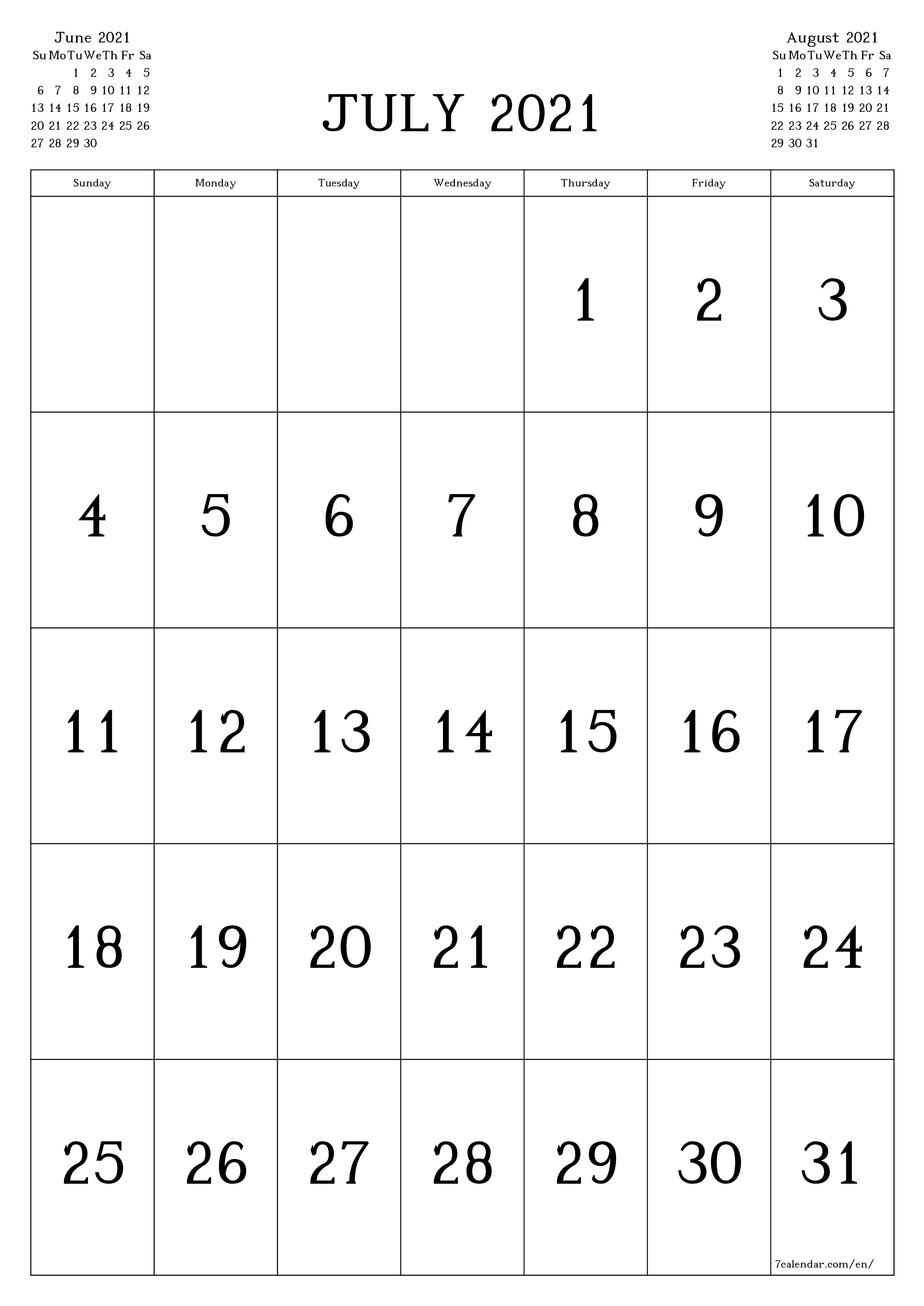 Blank monthly dated HD template image of calendar for month July 2021 save and print to PDF PNG English - 7calendar.com