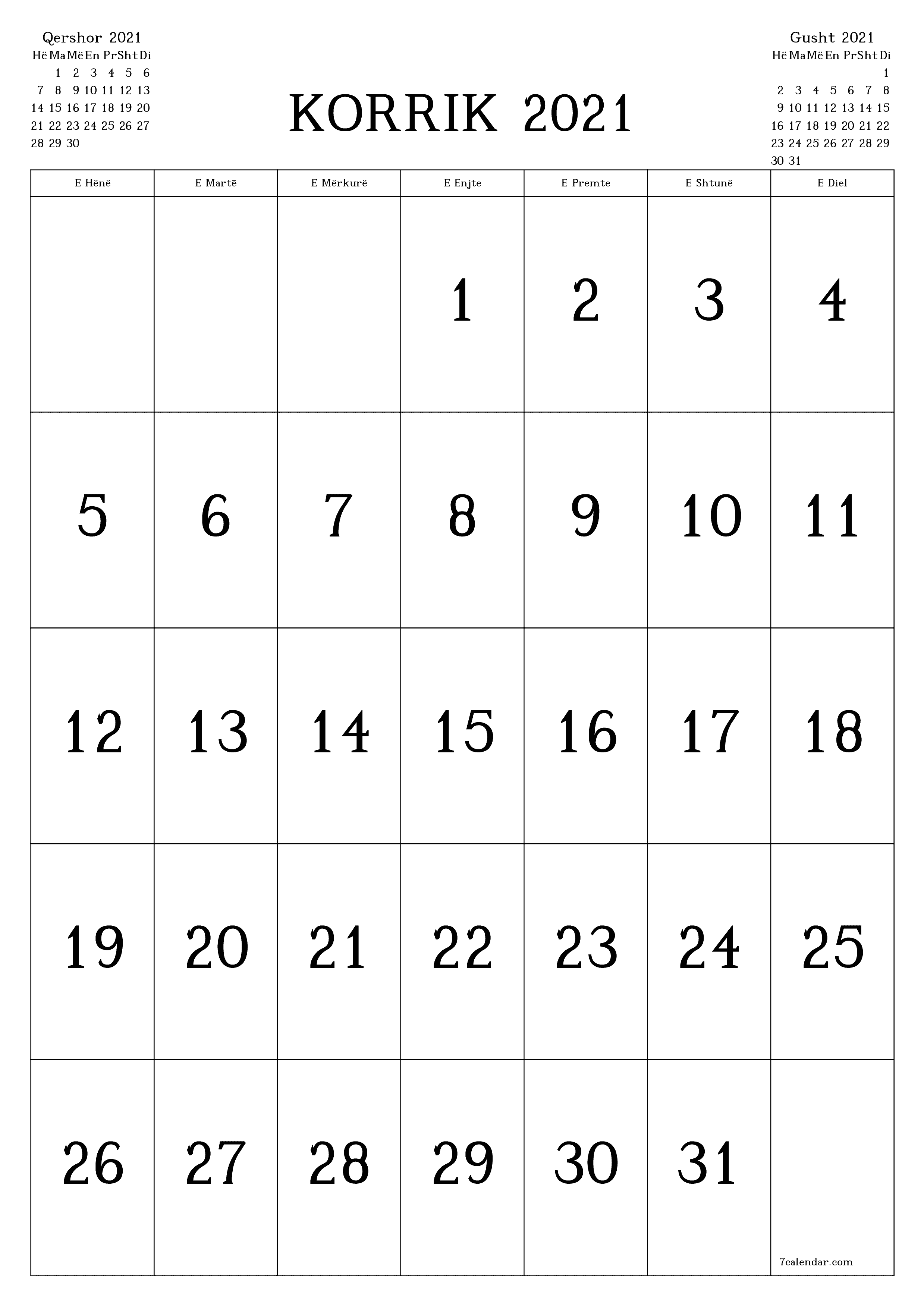 Planifikuesi i zbrazët i kalendarit mujor për muajin Korrik 2021 me shënime të ruajtura dhe të printuara në PDF PNG Albanian - 7calendar.com