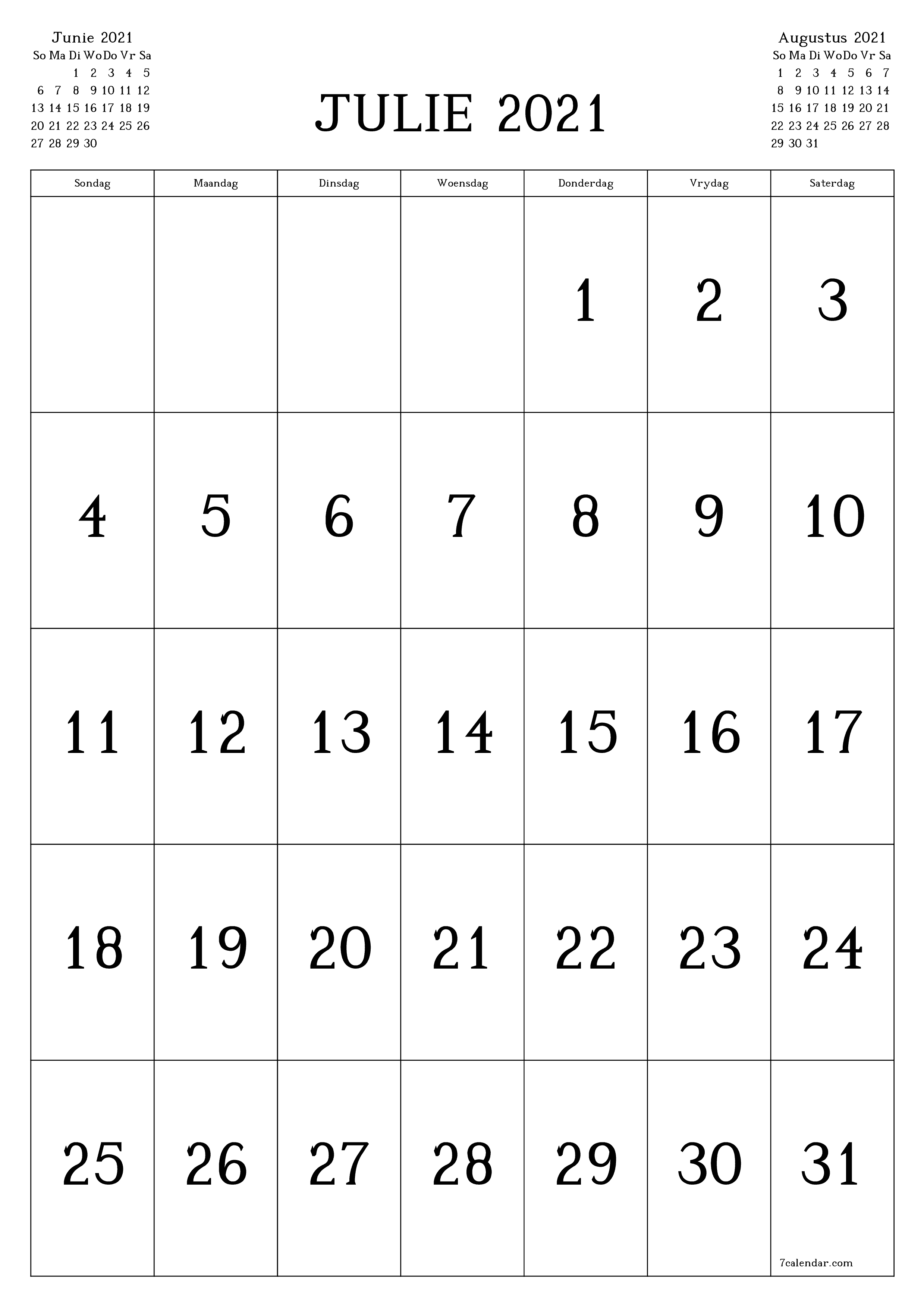 Leë maandelikse drukbare kalender en beplanner vir maand Julie 2021 met notas stoor en druk na PDF PNG Afrikaans