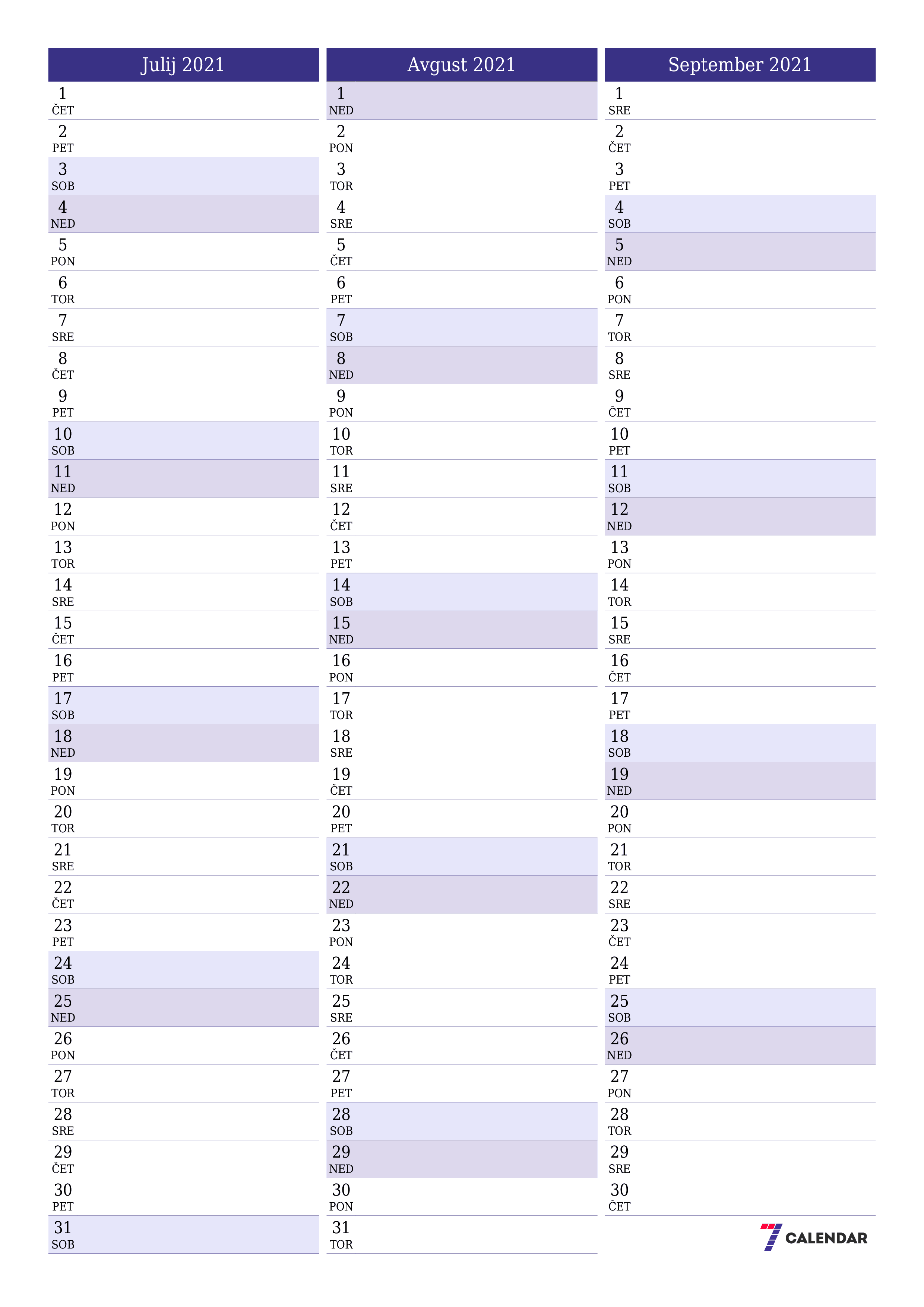 Prazen mesečni načrtovalec koledarja za mesec Julij 2021 z opombami, natisnjenimi v PDF PNG Slovenian