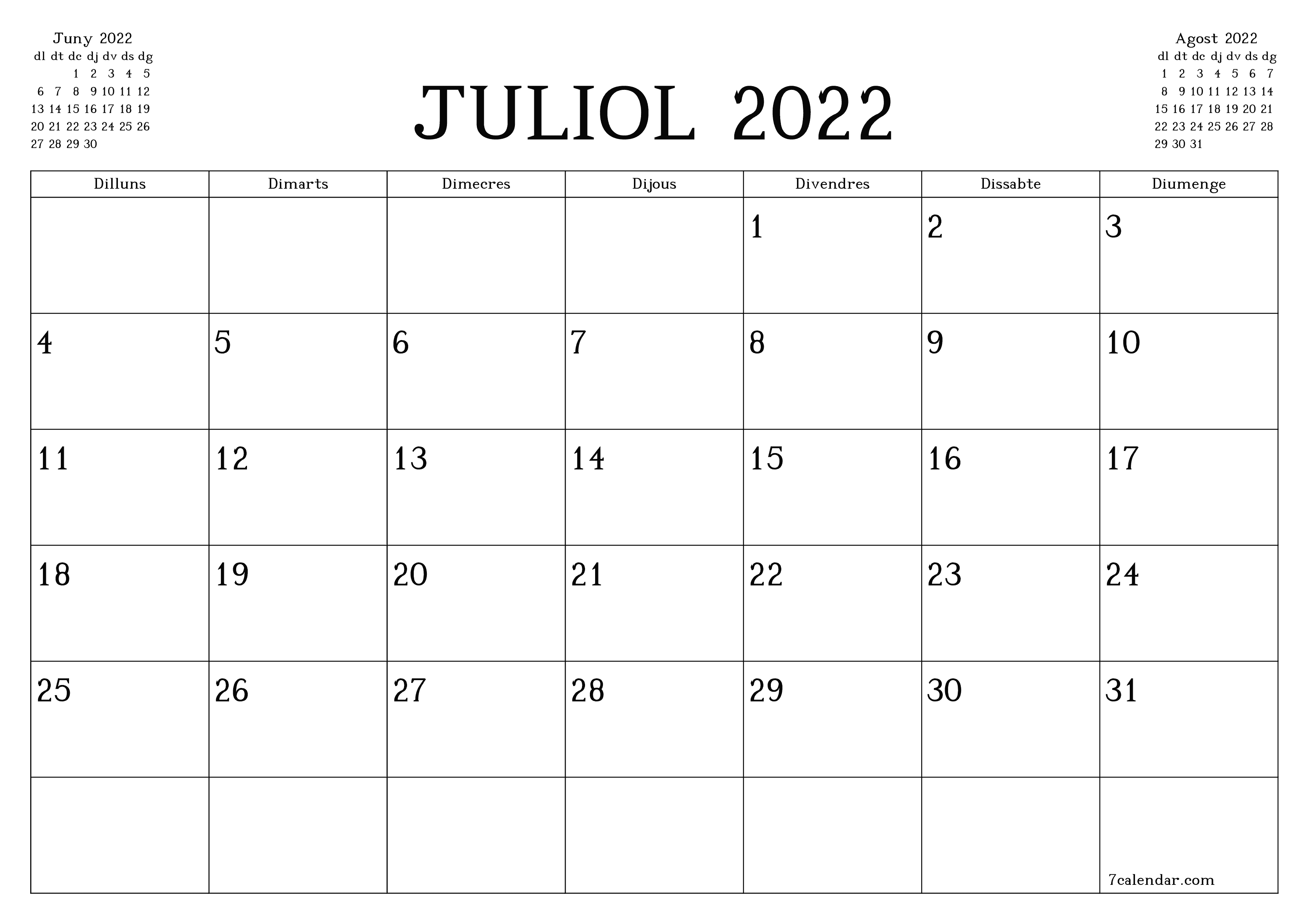 Planificador mensual buit del mes Juliol 2022 amb notes, deseu-lo i imprimiu-lo en format PDF PNG Catalan