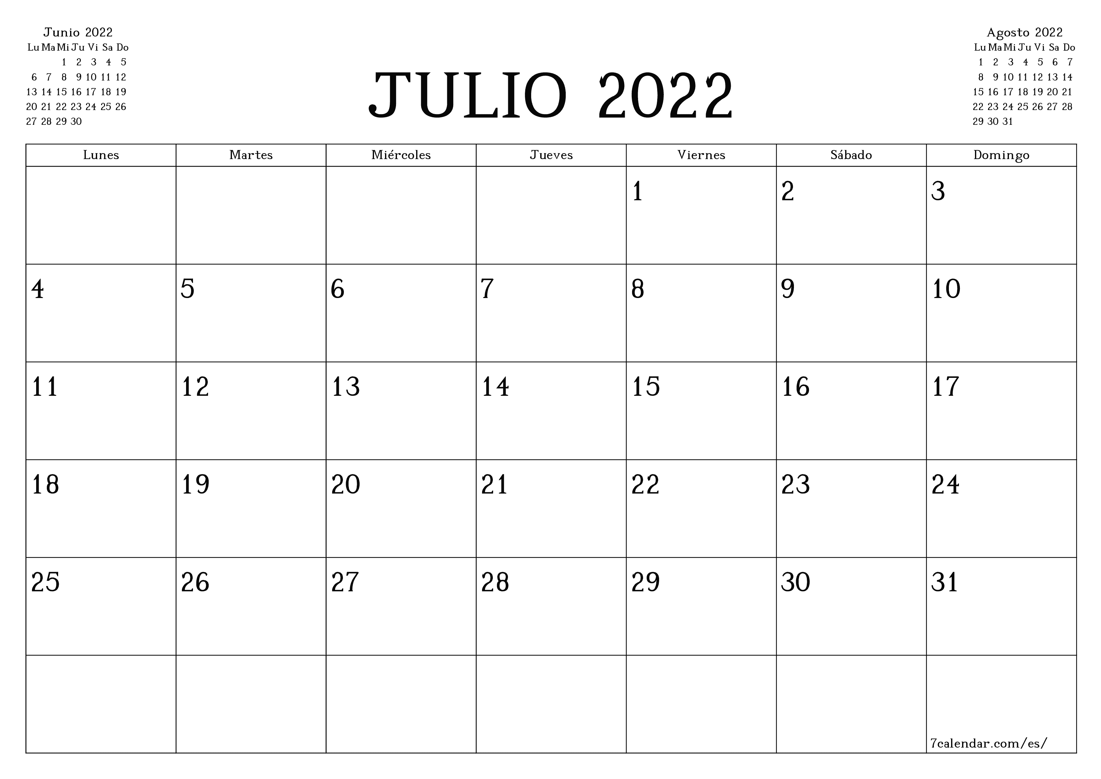 Planificador mensual vacío para el mes Julio 2022 con notas, guardar e imprimir en PDF PNG Spanish