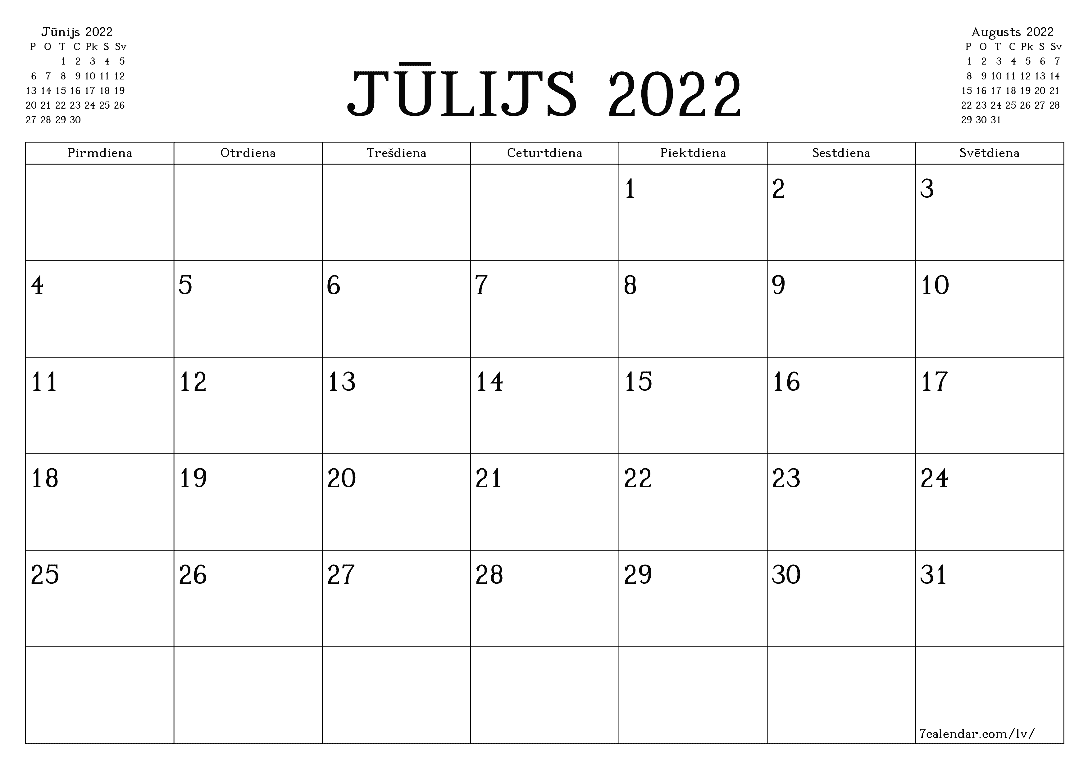 Iztukšot mēneša plānotāju mēnesim Jūlijs 2022 ar piezīmēm, saglabāt un izdrukāt PDF formātā PNG Latvian