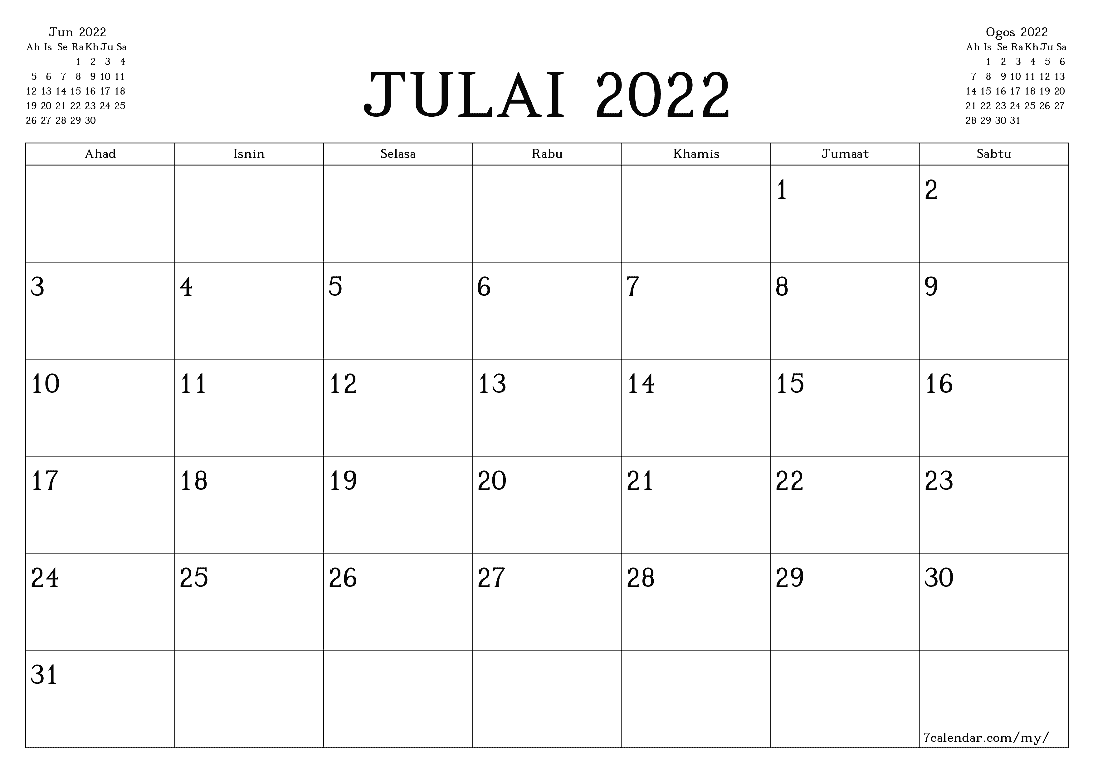 Perancang bulanan kosong untuk bulan Julai 2022 dengan nota, simpan dan cetak ke PDF PNG Malay - 7calendar.com