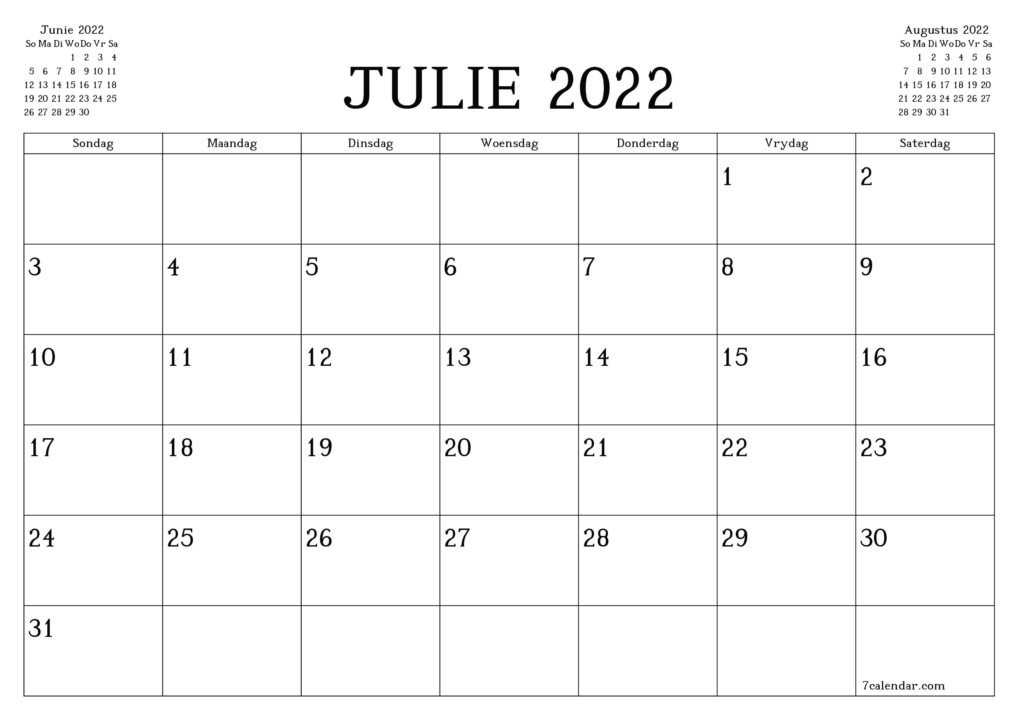 Leë maandelikse drukbare kalender en beplanner vir maand Julie 2022 met notas stoor en druk na PDF PNG Afrikaans