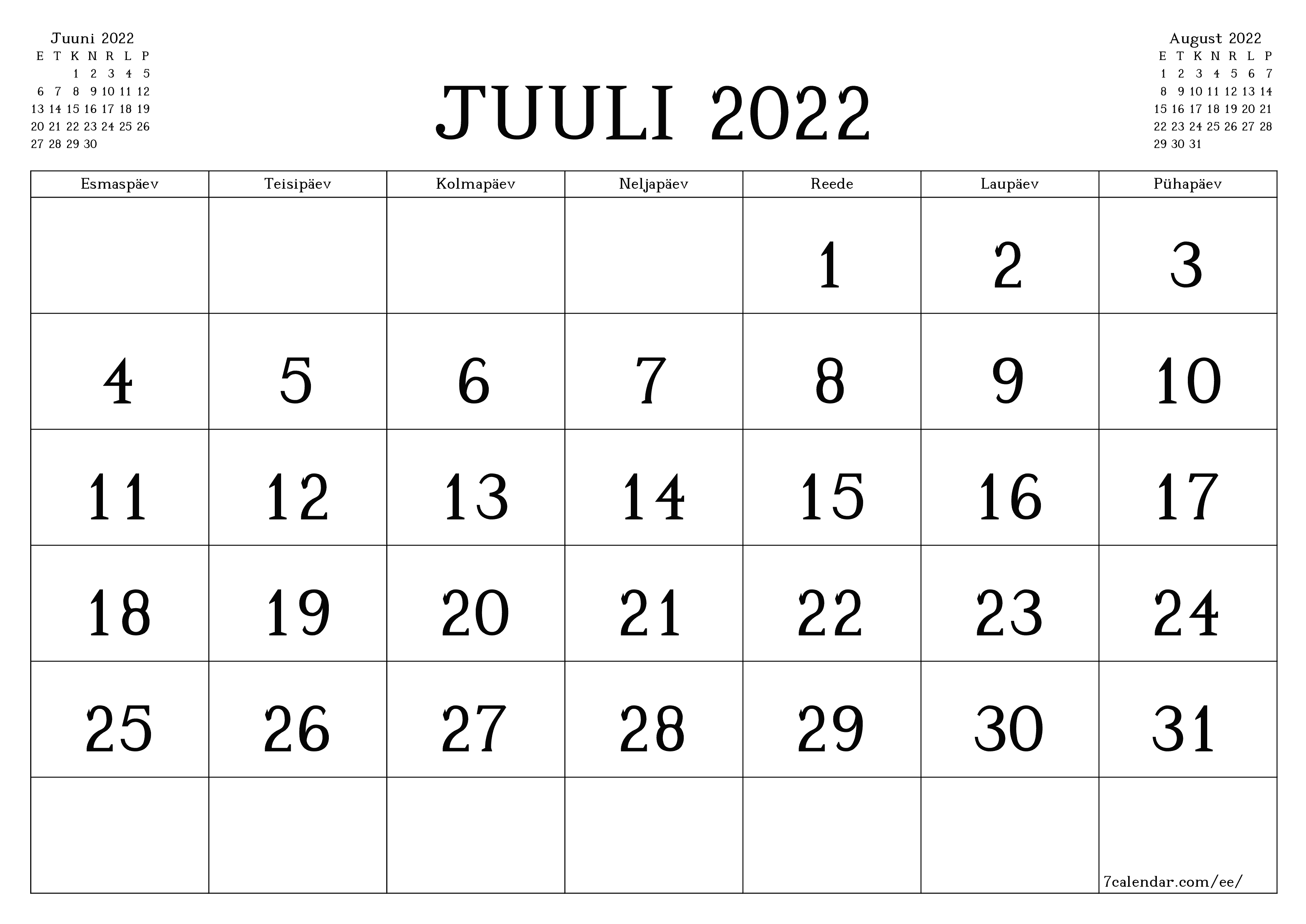 Tühjendage kuu Juuli 2022 kuuplaneerija märkmetega, salvestage ja printige PDF-i PNG Estonian - 7calendar.com