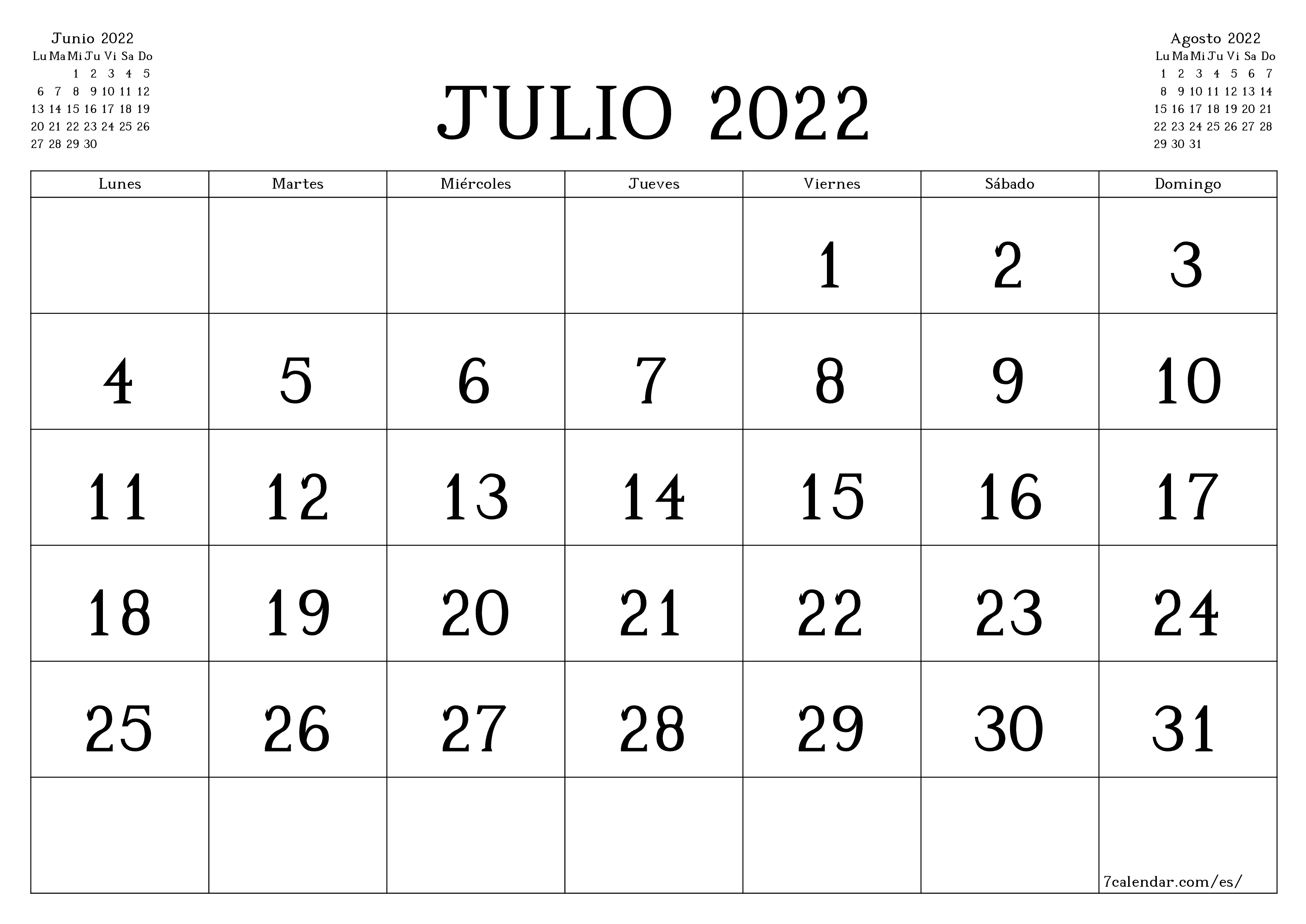 Planificador mensual vacío para el mes Julio 2022 con notas, guardar e imprimir en PDF PNG Spanish