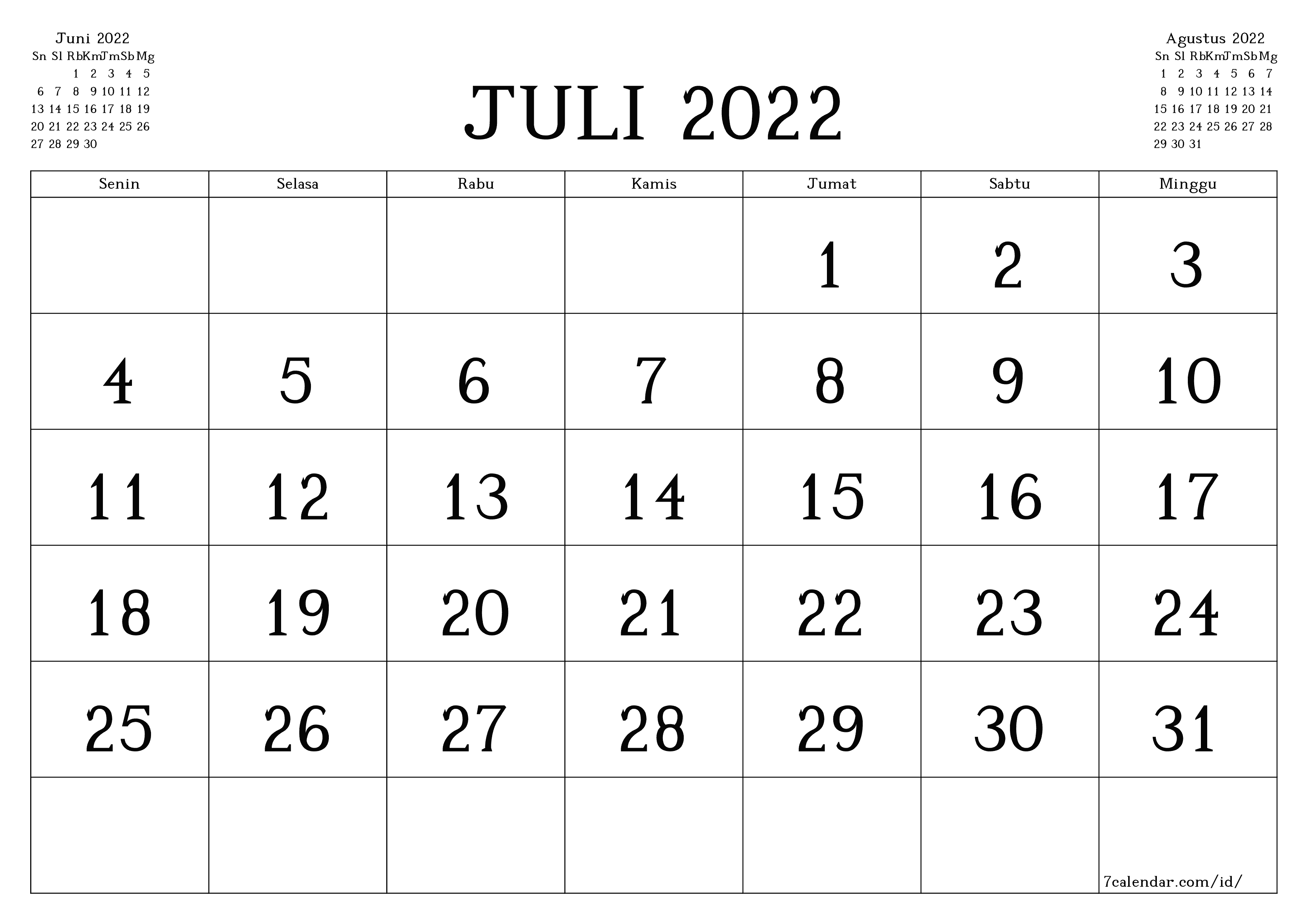 Kosongkan agenda bulanan untuk bulan Juli 2022 dengan catatan, simpan dan cetak ke PDF PNG Indonesian - 7calendar.com