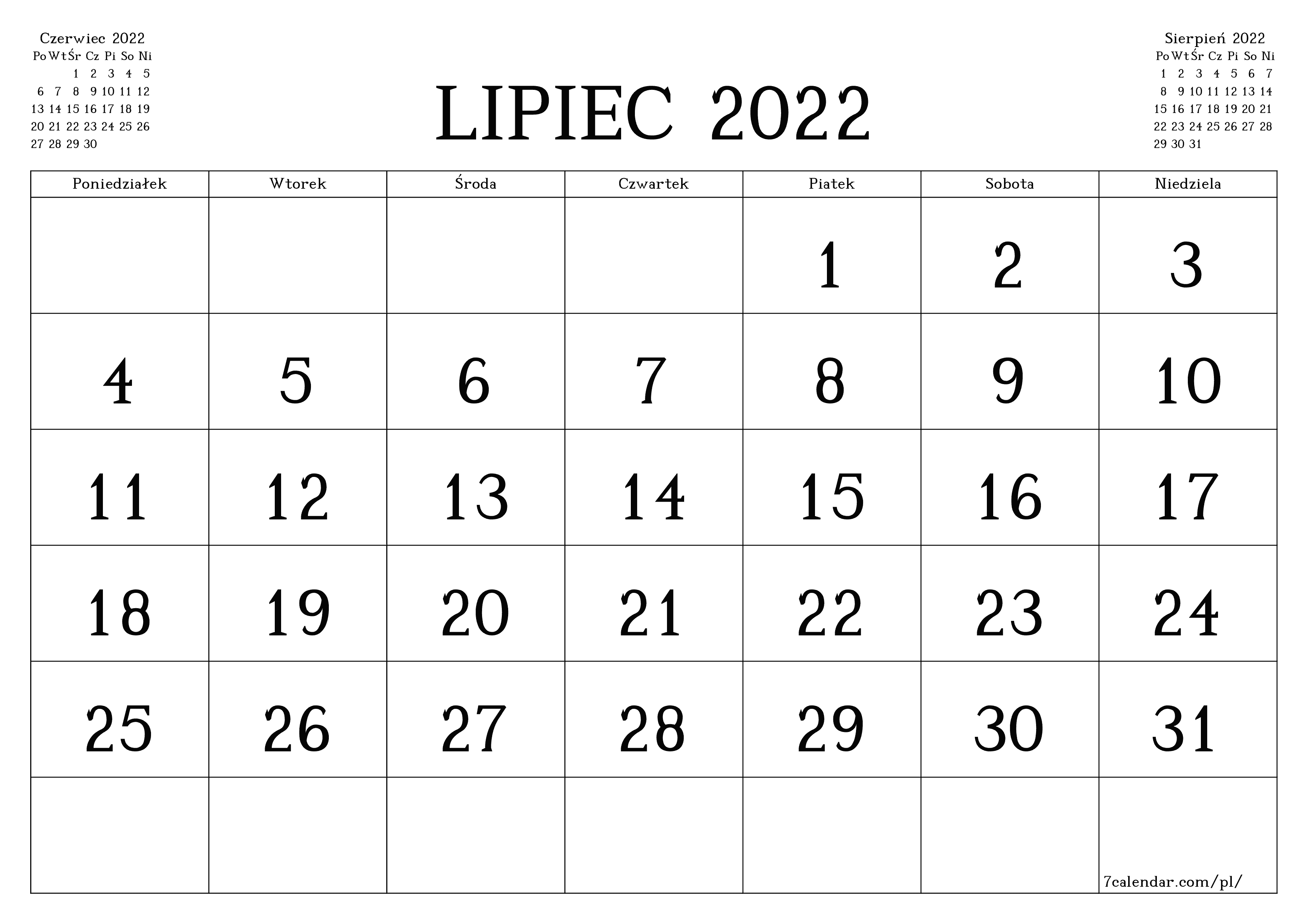Opróżnij miesięczny planer na miesiąc Lipiec 2022 z notatkami, zapisz i wydrukuj w formacie PDF PNG Polish
