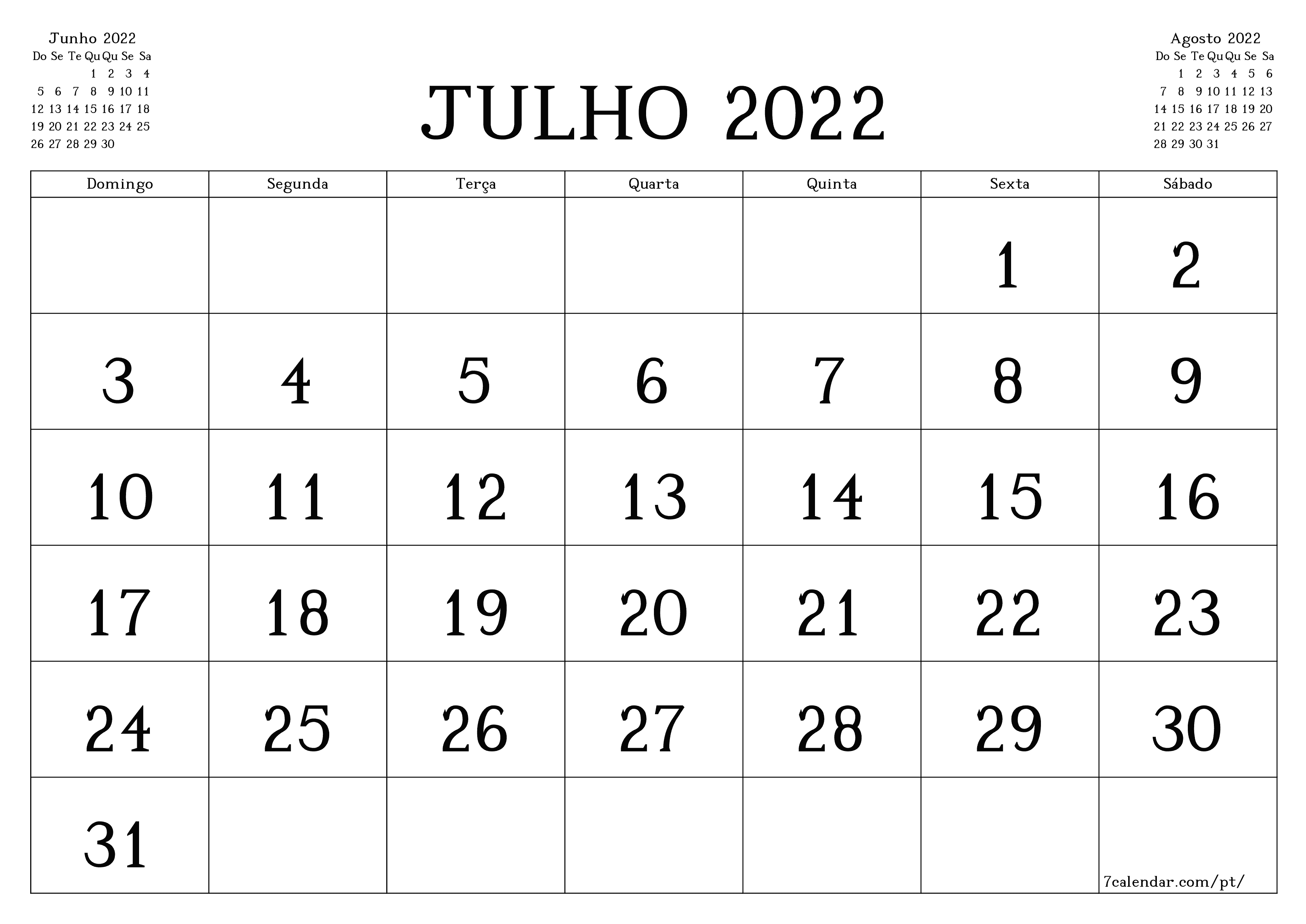 Esvazie o planejador mensal para o mês Julho 2022 com notas, salve e imprima em PDF PNG Portuguese