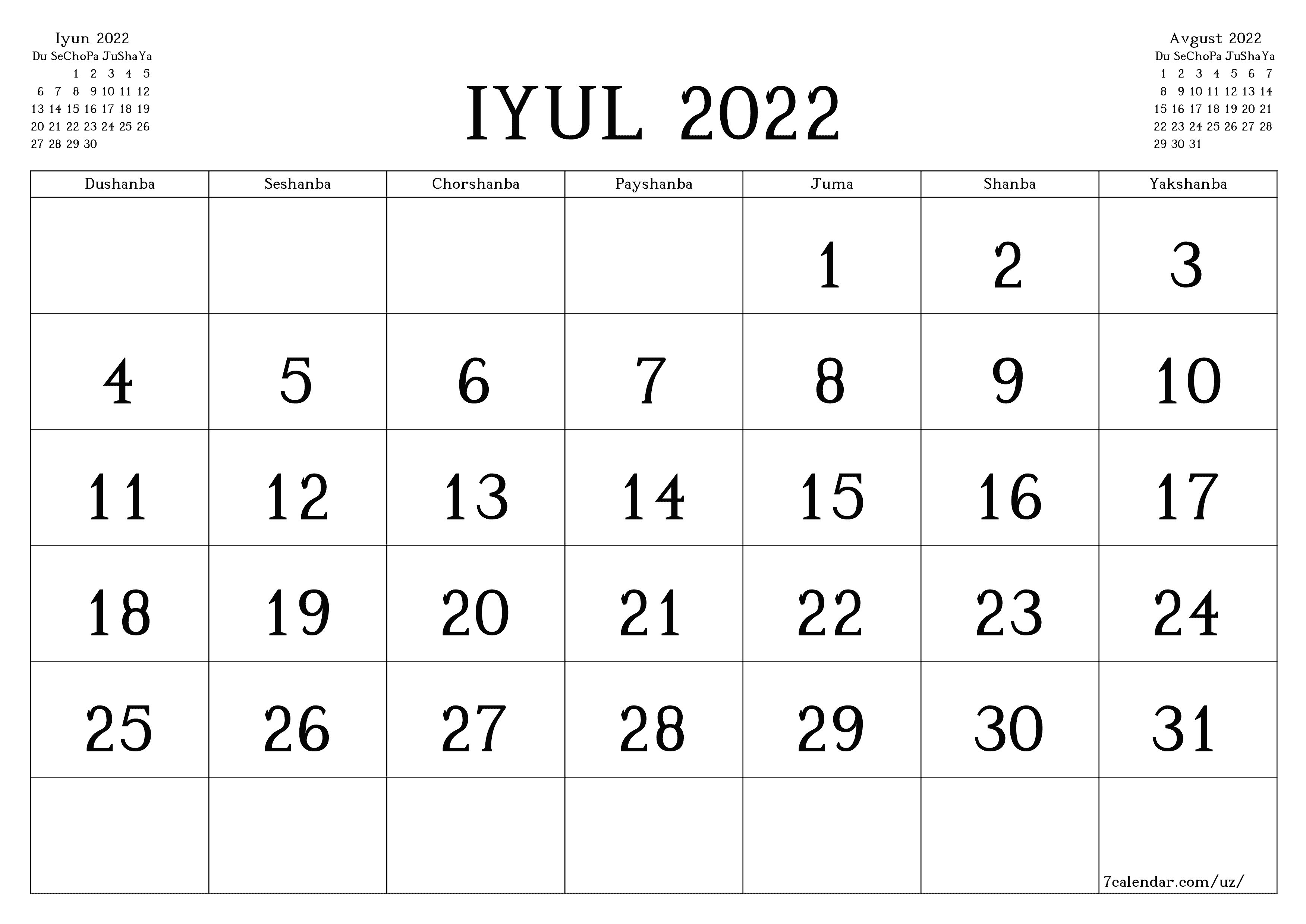 Iyul 2022 oylik oylik rejalashtiruvchini yozuvlar bilan bo'shatish, saqlash va PDF-ga chop etish PNG Uzbek