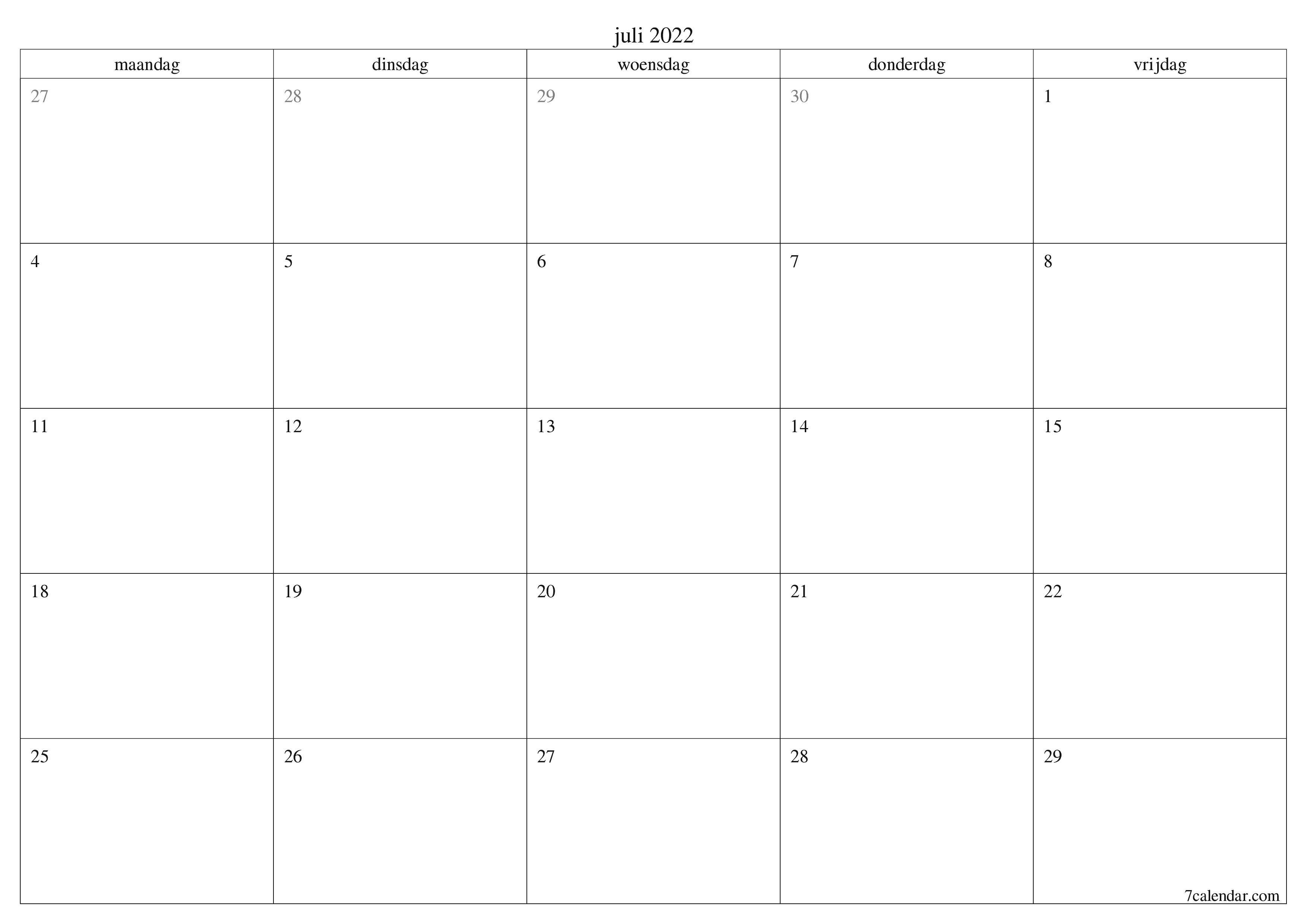 afdrukbare muur sjabloon gratis horizontaal Maandelijks planner kalender juli (jul) 2022