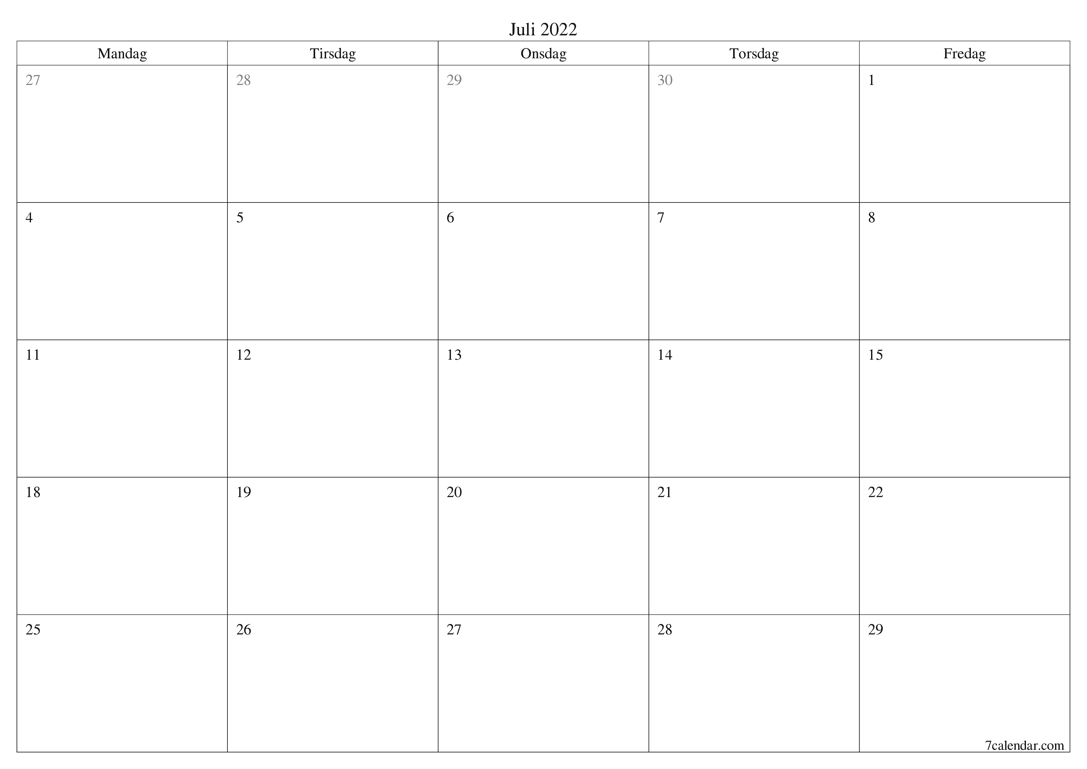 utskrivbar vegg mal gratis horisontal Månedlig planlegger kalender Juli (Jul) 2022