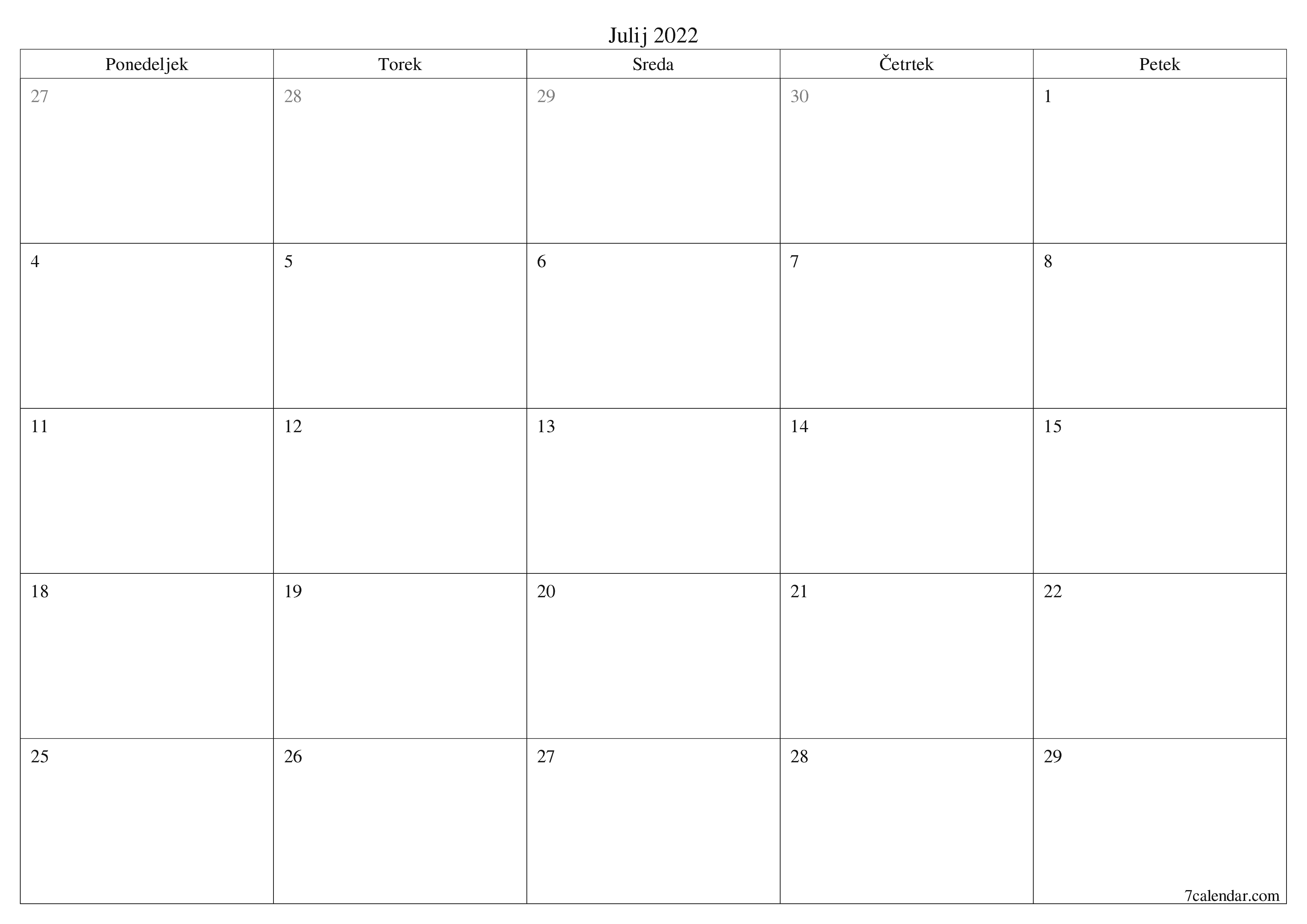 Prazen mesečni načrtovalec koledarja za mesec Julij 2022 z opombami, natisnjenimi v PDF PNG Slovenian