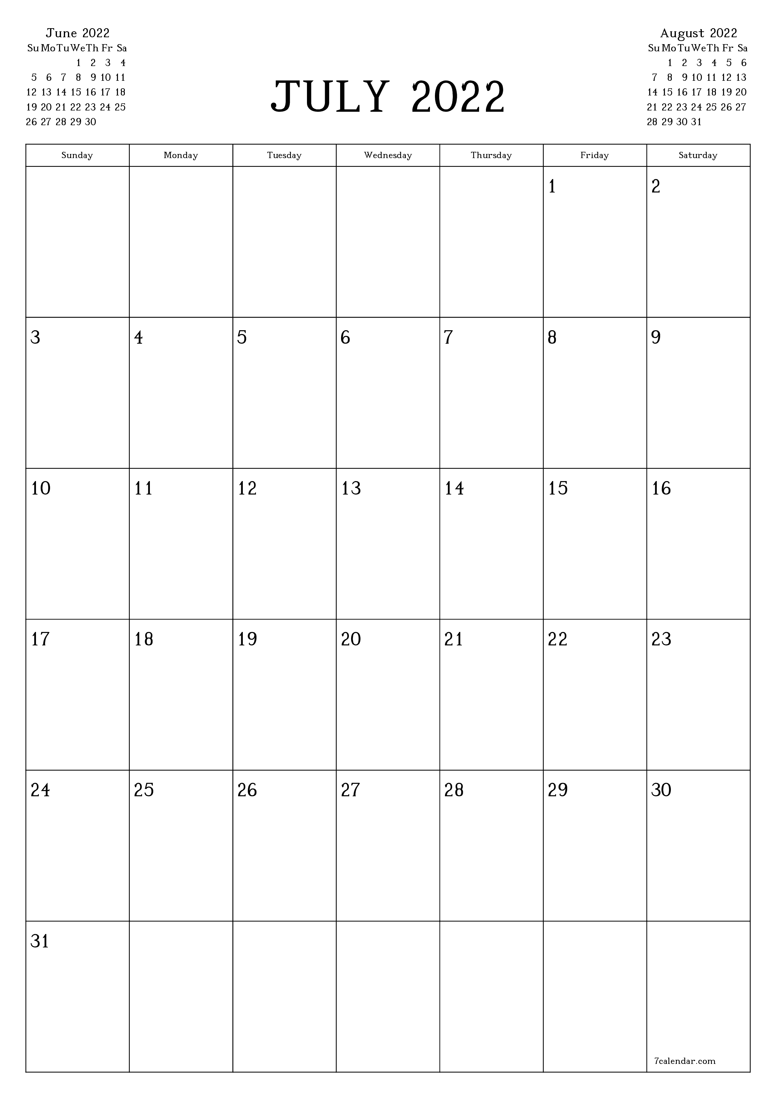 Blank monthly printable calendar and planner for month July 2022 with notes save and print to PDF PNG English