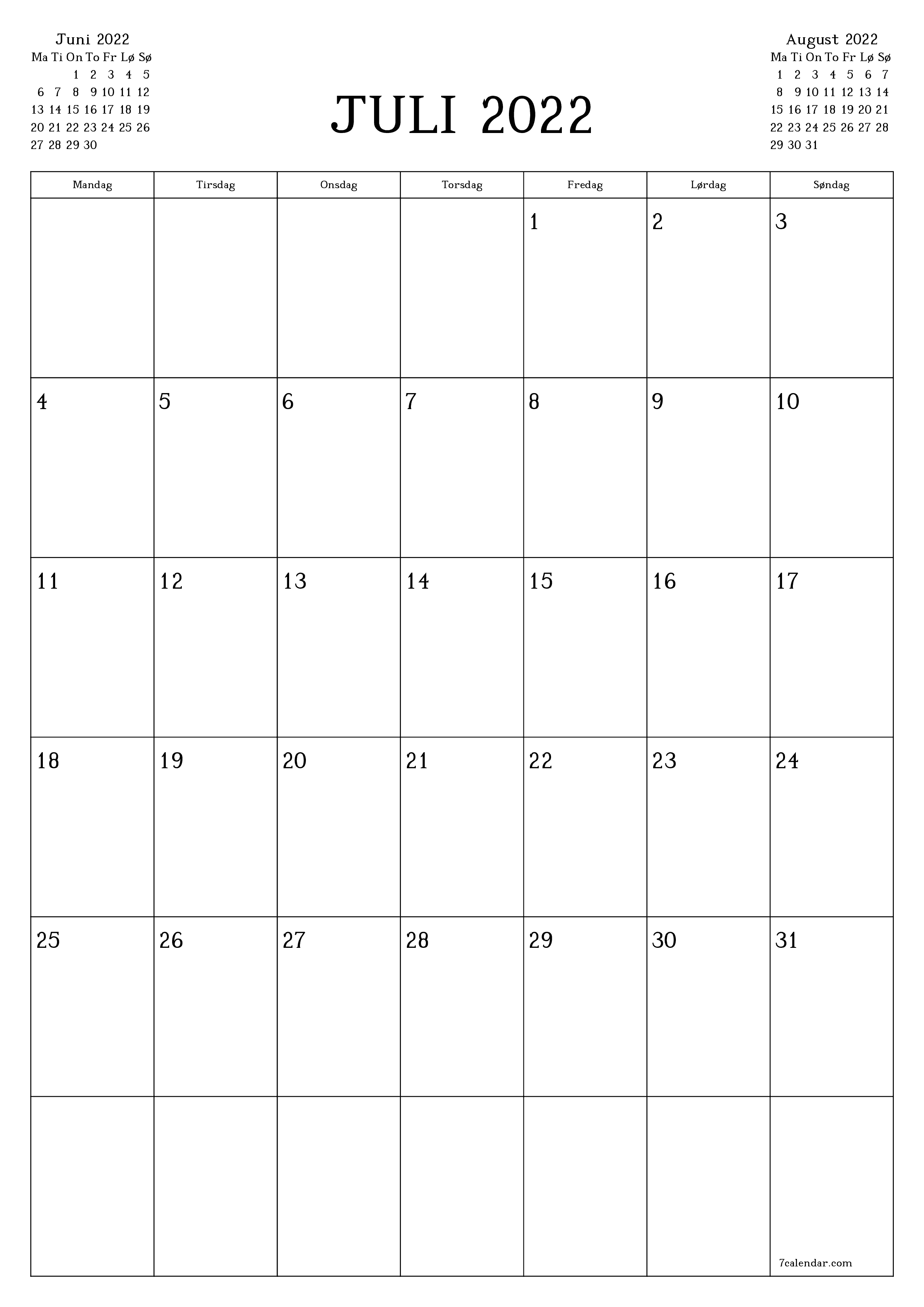 udskrivbar væg skabelon gratis lodret Månedlig planlægger kalender Juli (Jul) 2022