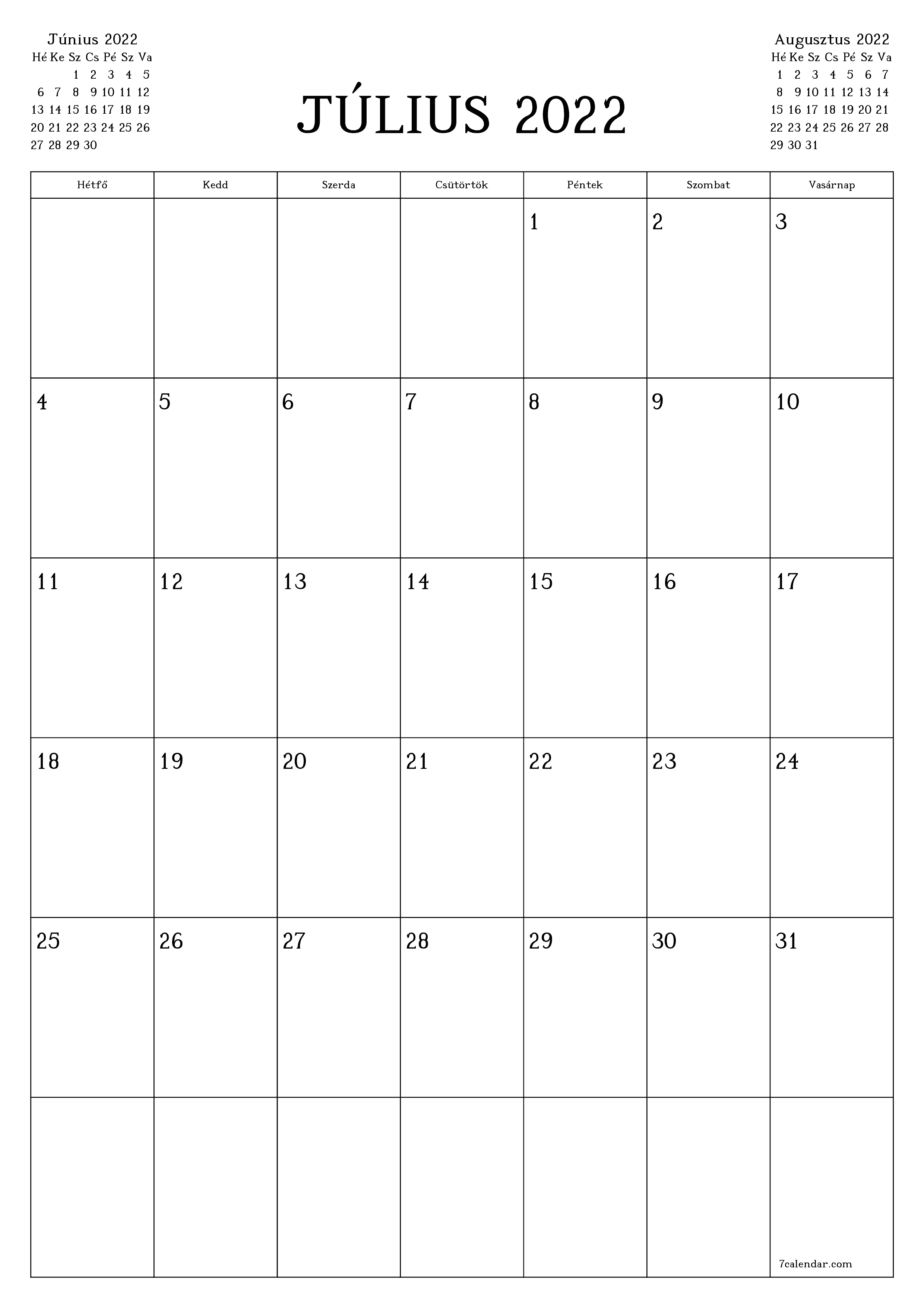 Üres havi tervező a Július 2022 hónapra jegyzetekkel, mentés és nyomtatás PDF-be PNG Hungarian