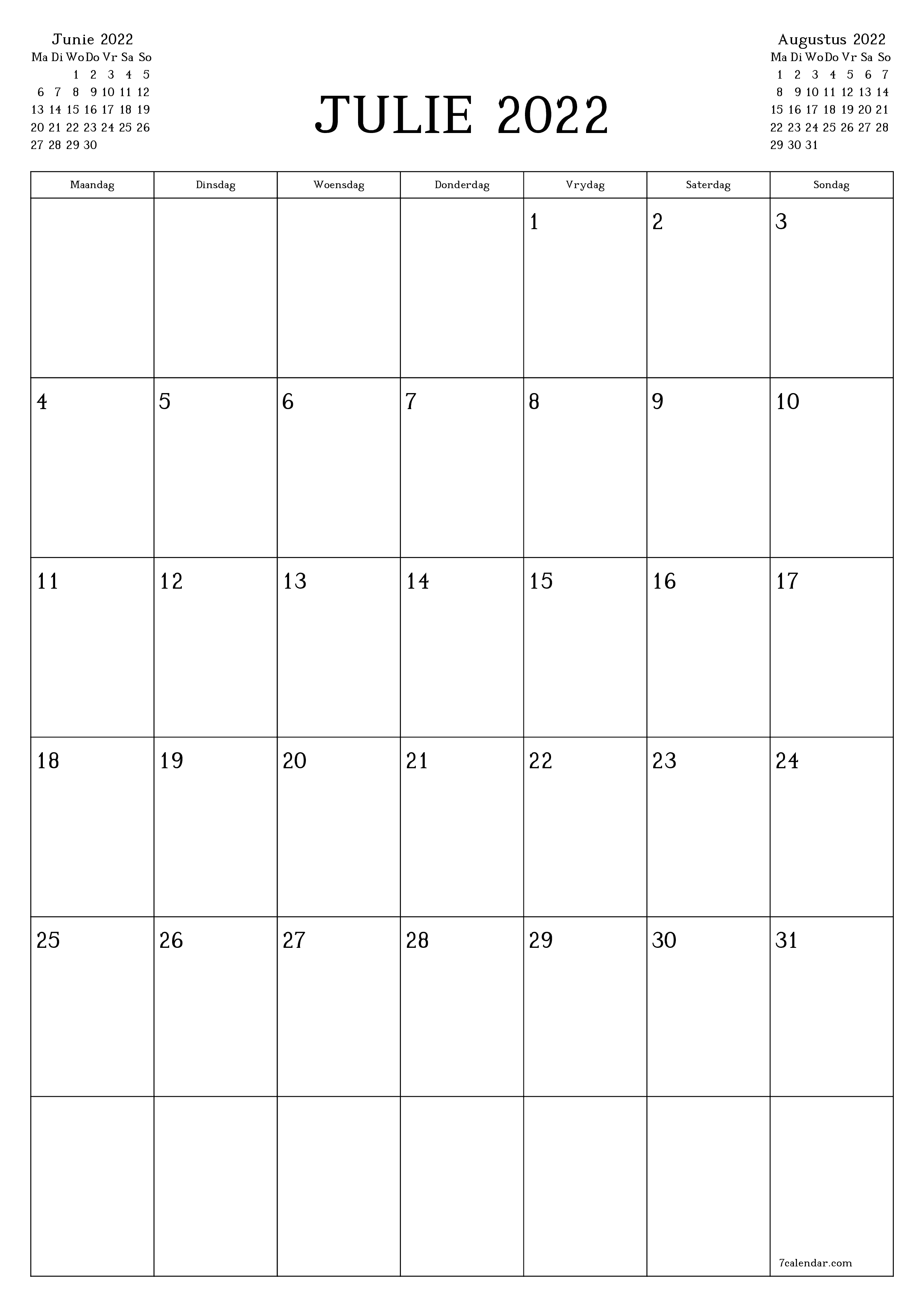 Leë maandelikse drukbare kalender en beplanner vir maand Julie 2022 met notas stoor en druk na PDF PNG Afrikaans