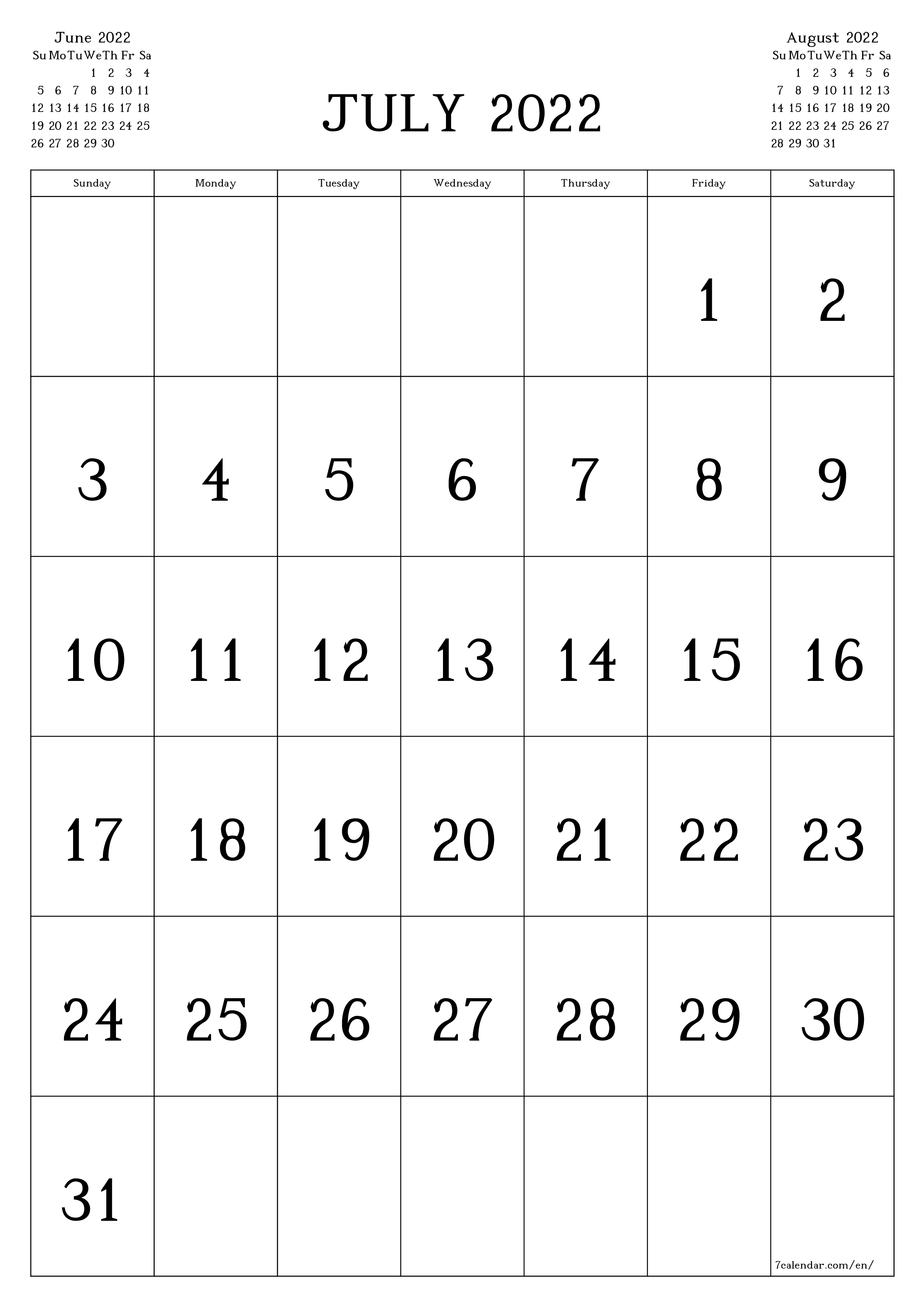 Blank monthly dated HD template image of calendar for month July 2022 save and print to PDF PNG English - 7calendar.com
