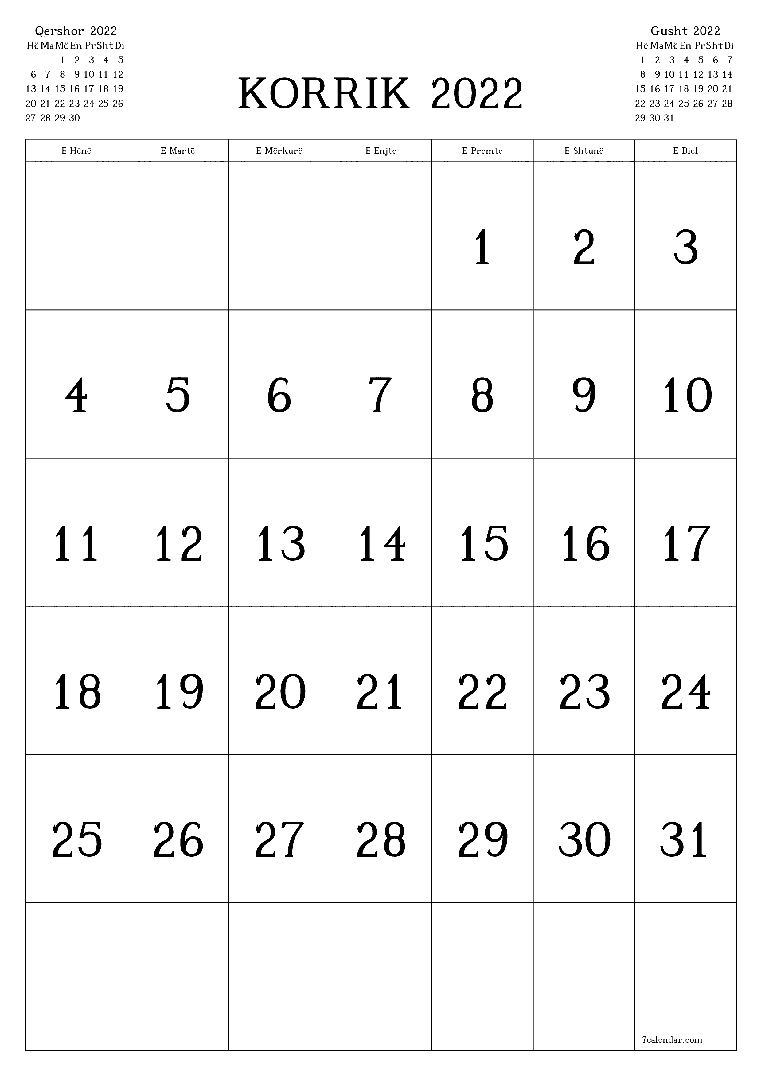 Planifikuesi i zbrazët i kalendarit mujor për muajin Korrik 2022 me shënime të ruajtura dhe të printuara në PDF PNG Albanian - 7calendar.com