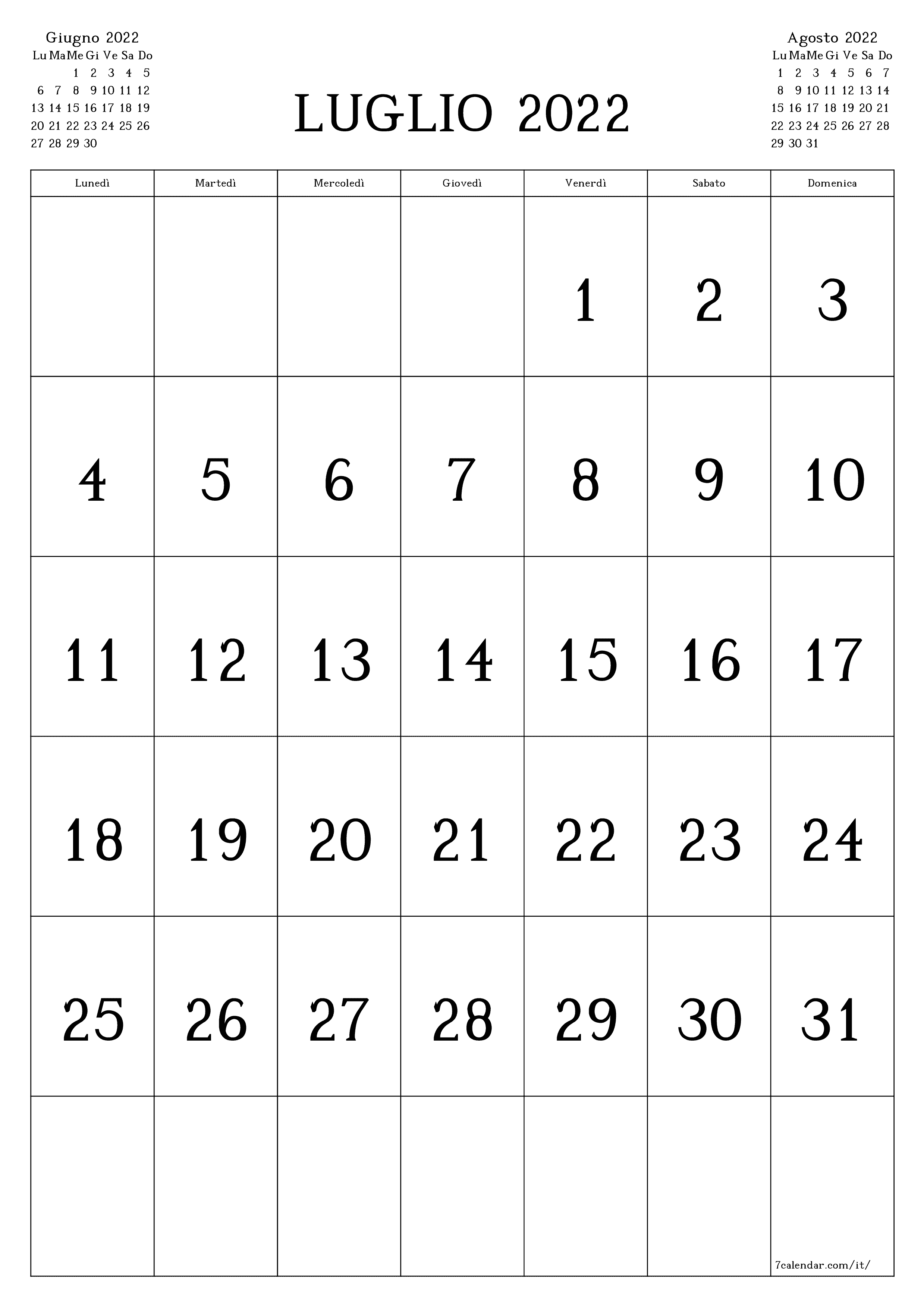Calendario mensile vuoto per il mese Luglio 2022 salva e stampa in PDF PNG Italian - 7calendar.com
