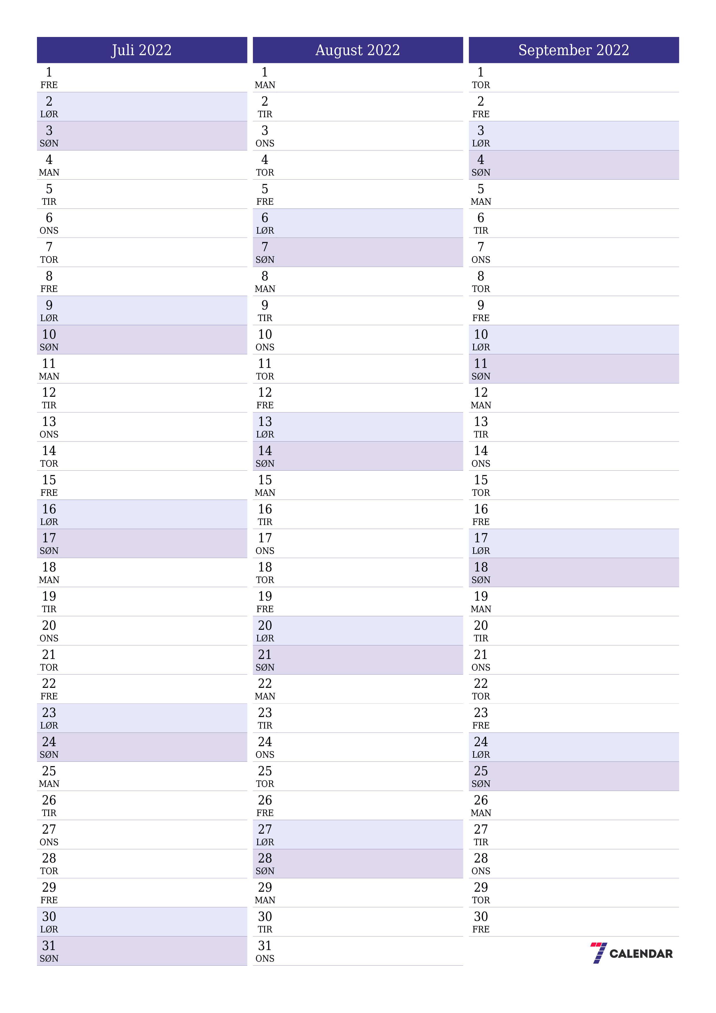 Tom månedlig planlægning for måned Juli 2022 med noter, gem og udskriv til PDF PNG Danish