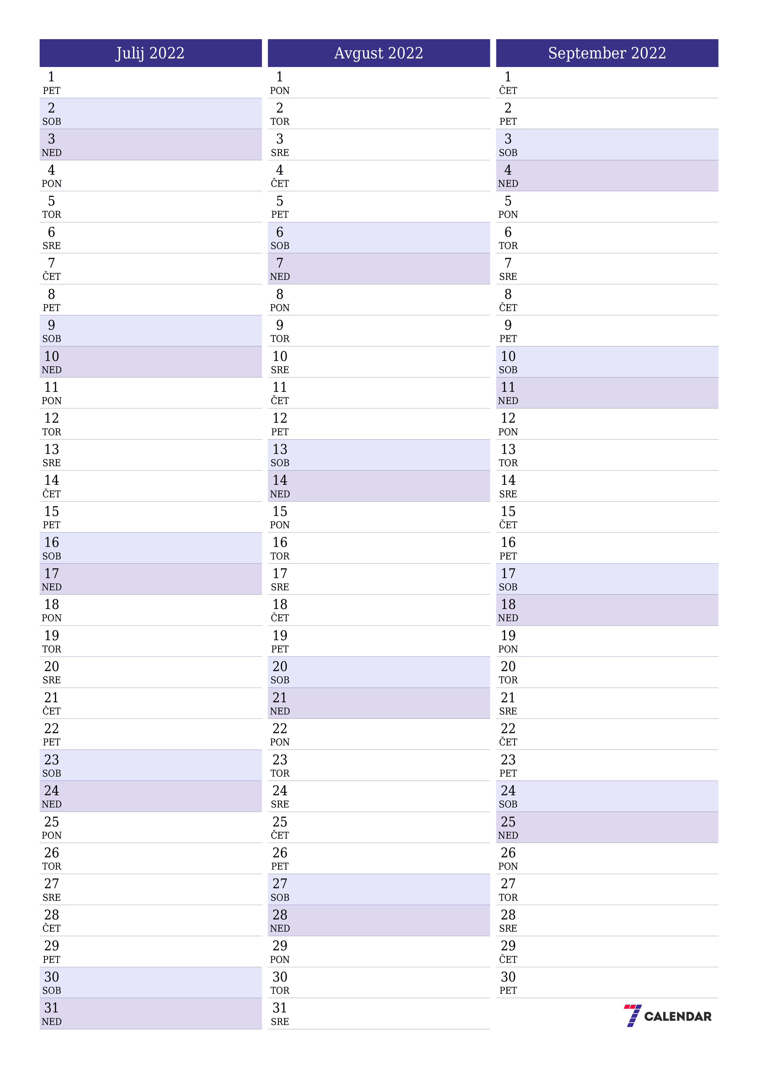 Prazen mesečni načrtovalec koledarja za mesec Julij 2022 z opombami, natisnjenimi v PDF PNG Slovenian