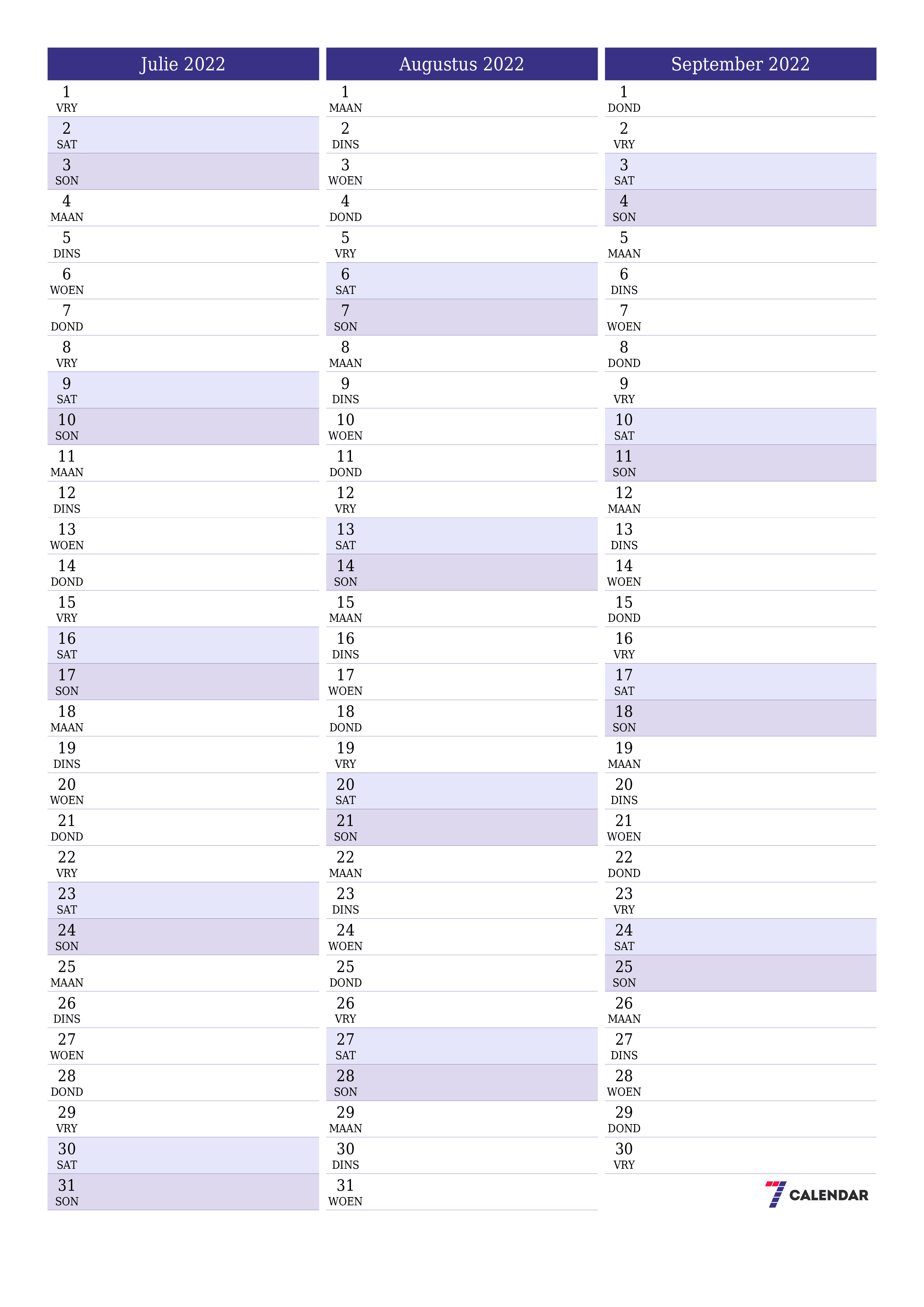 Leë maandelikse drukbare kalender en beplanner vir maand Julie 2022 met notas stoor en druk na PDF PNG Afrikaans