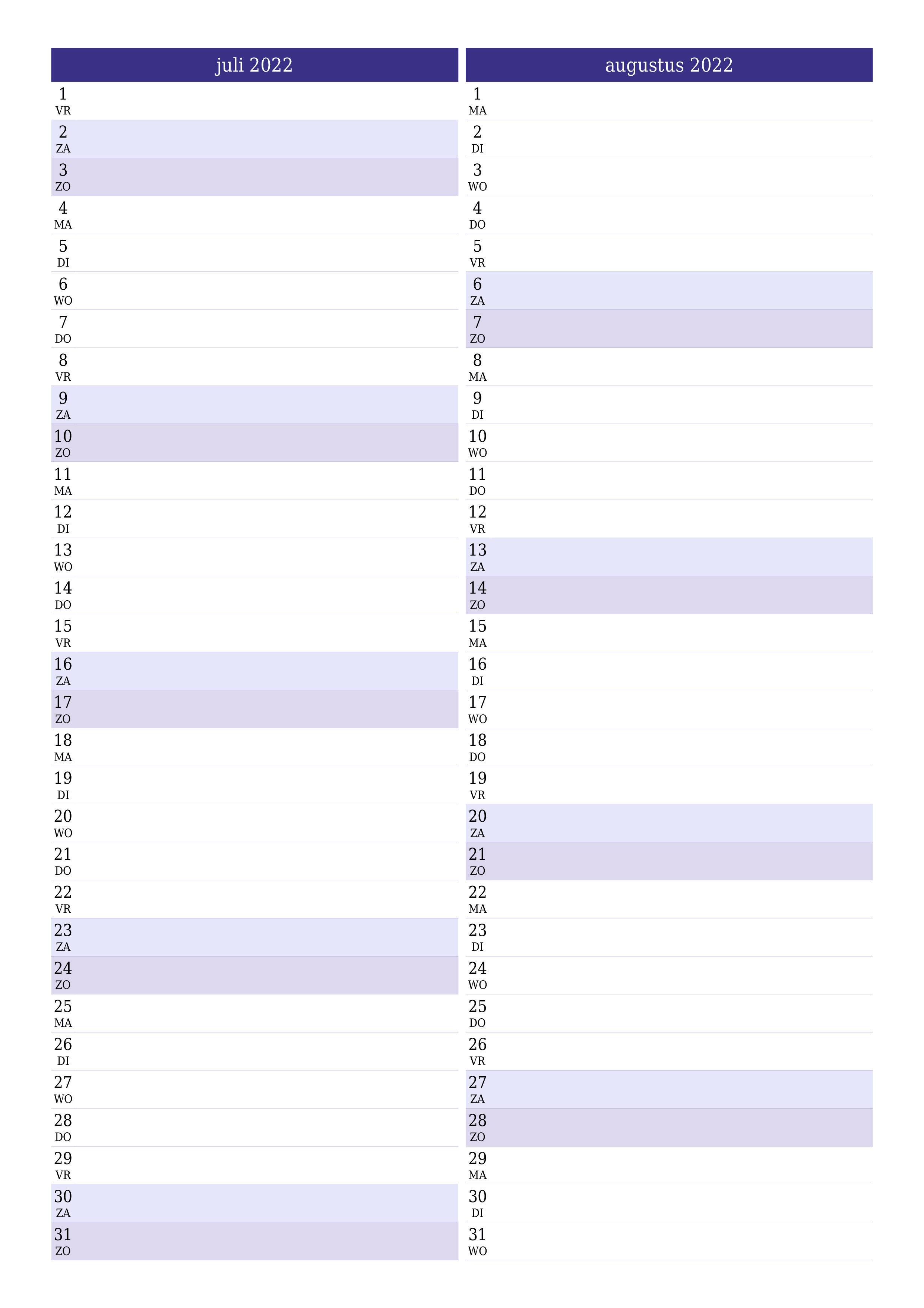 Lege maandplanner voor maand juli 2022 met notities, opslaan en afdrukken naar pdf PNG Dutch