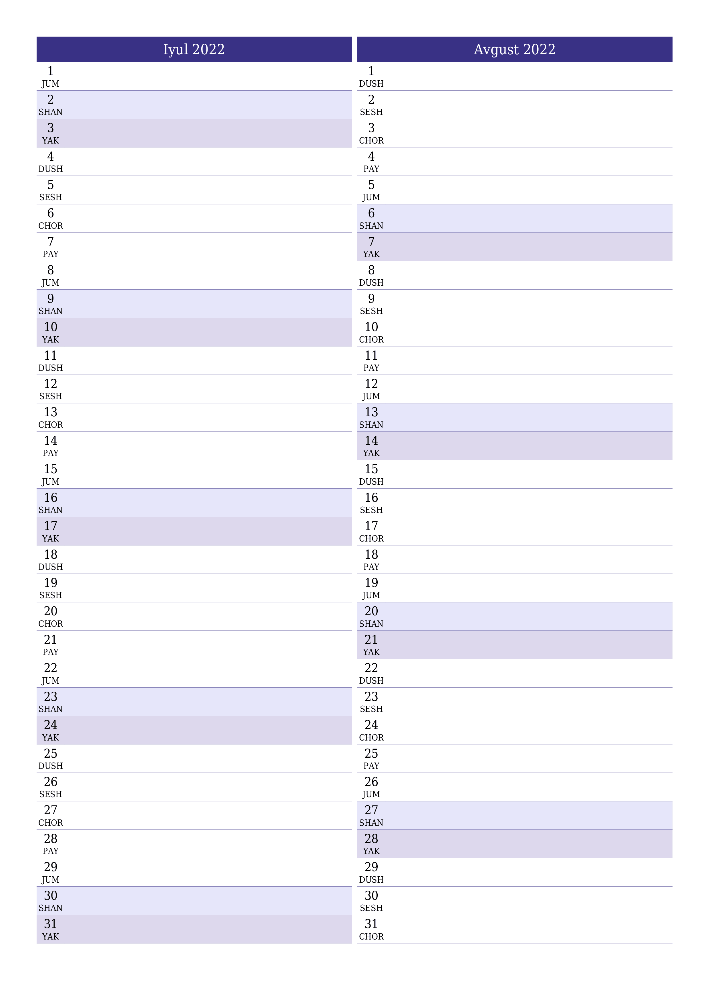 chop etiladigan devor taqvimi shabloni bepul vertikal Oylik rejalashtiruvchi kalendar Iyul (Iyul) 2022