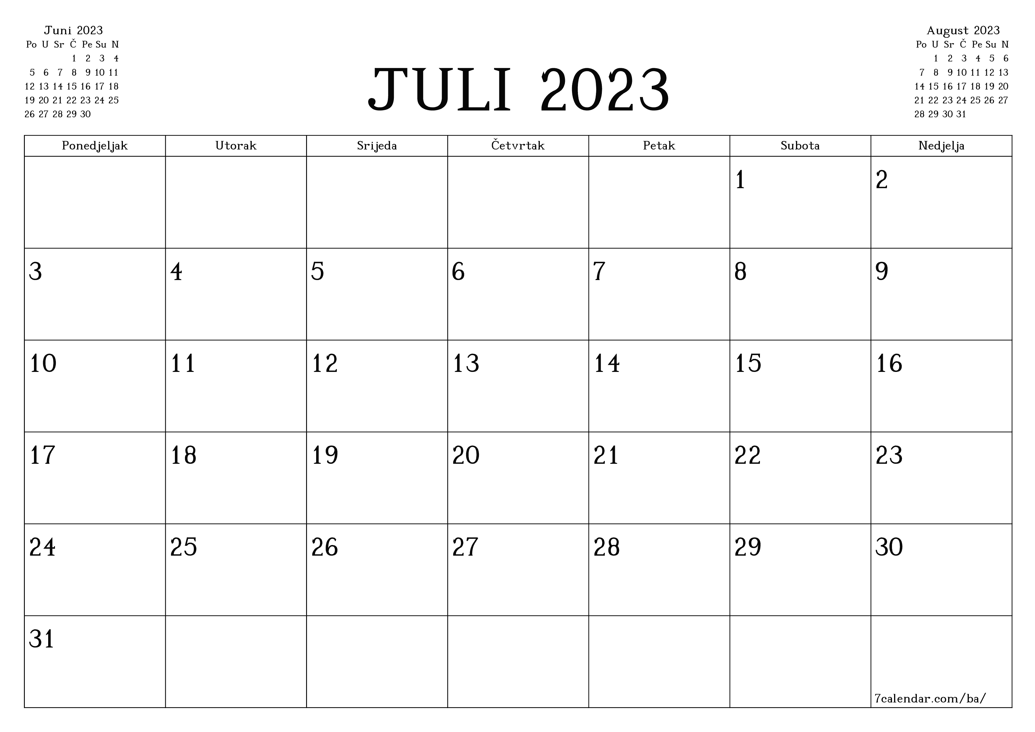Ispraznite mjesečni planer za mjesec Juli 2023 s bilješkama, spremite i ispišite u PDF PNG Bosnian
