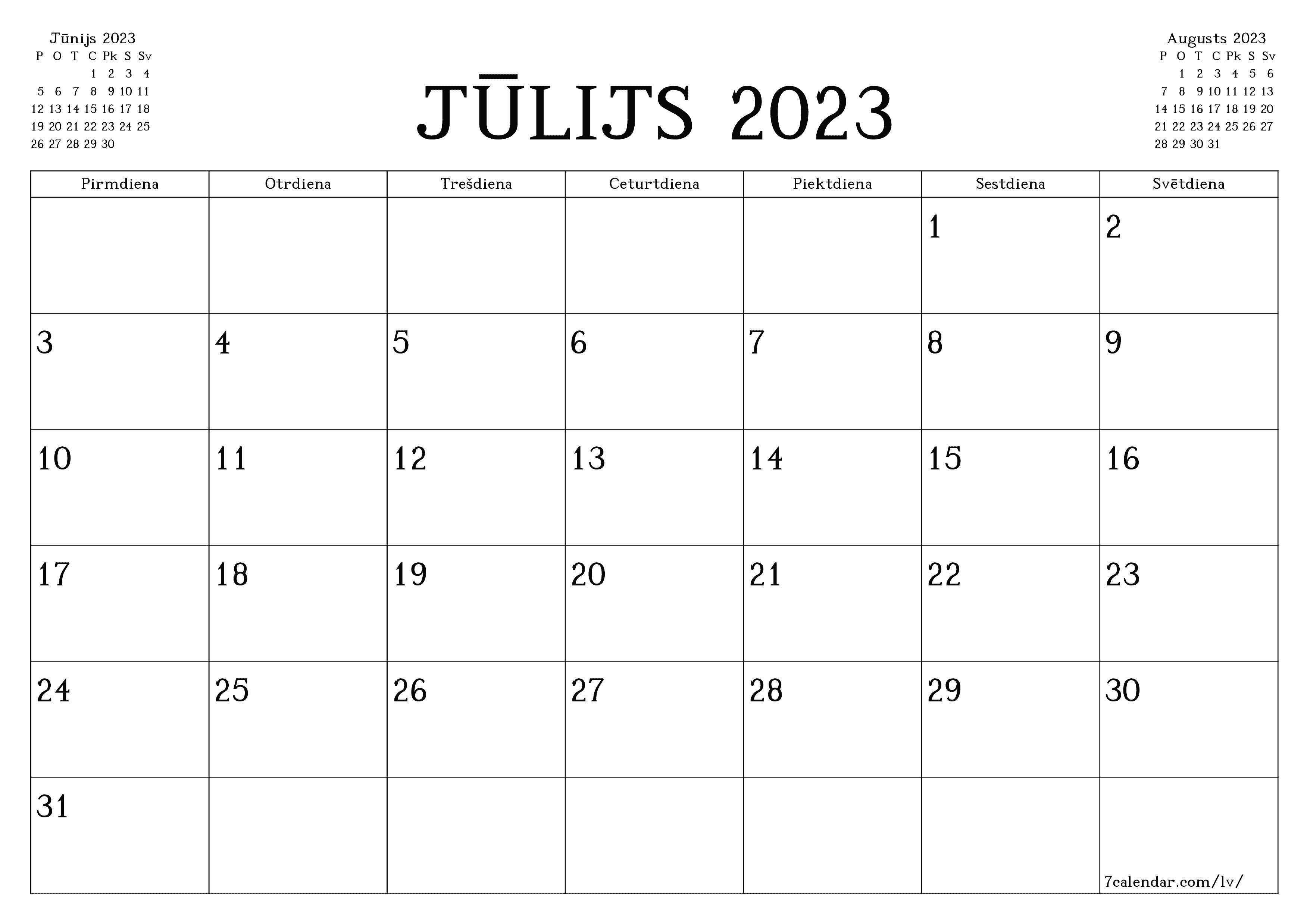 Iztukšot mēneša plānotāju mēnesim Jūlijs 2023 ar piezīmēm, saglabāt un izdrukāt PDF formātā PNG Latvian