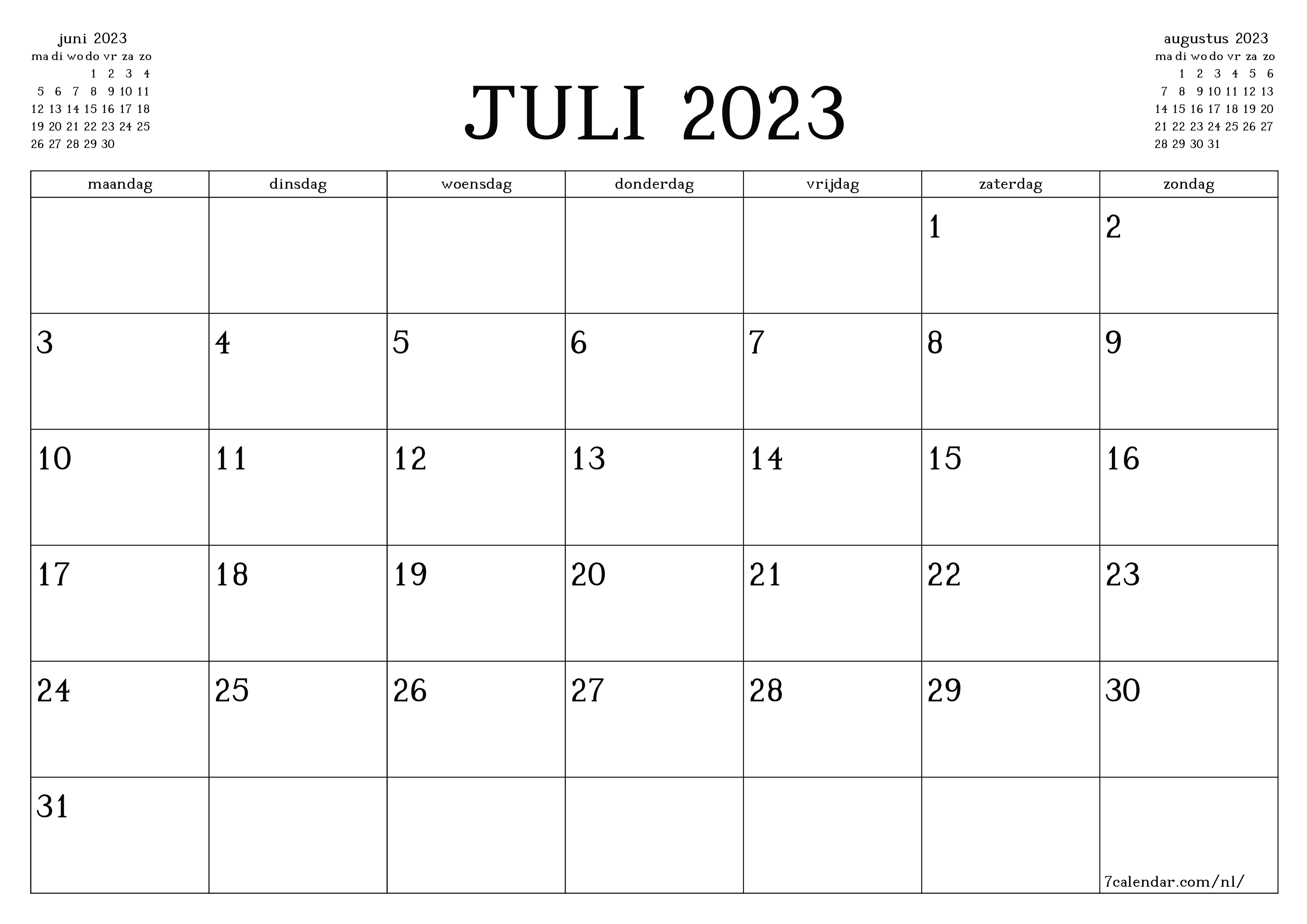 Lege maandplanner voor maand juli 2023 met notities, opslaan en afdrukken naar pdf PNG Dutch