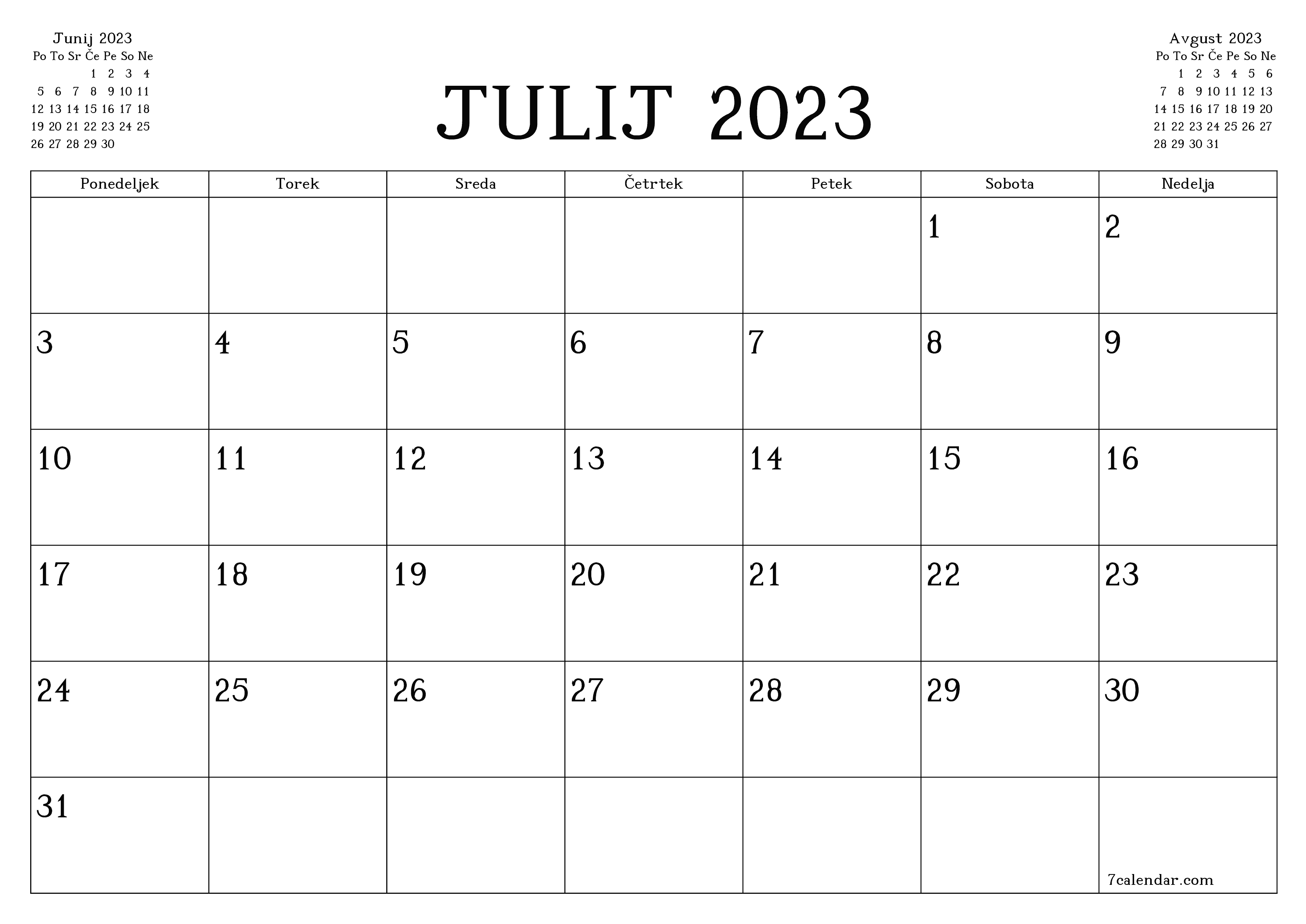 Prazen mesečni načrtovalec koledarja za mesec Julij 2023 z opombami, natisnjenimi v PDF PNG Slovenian