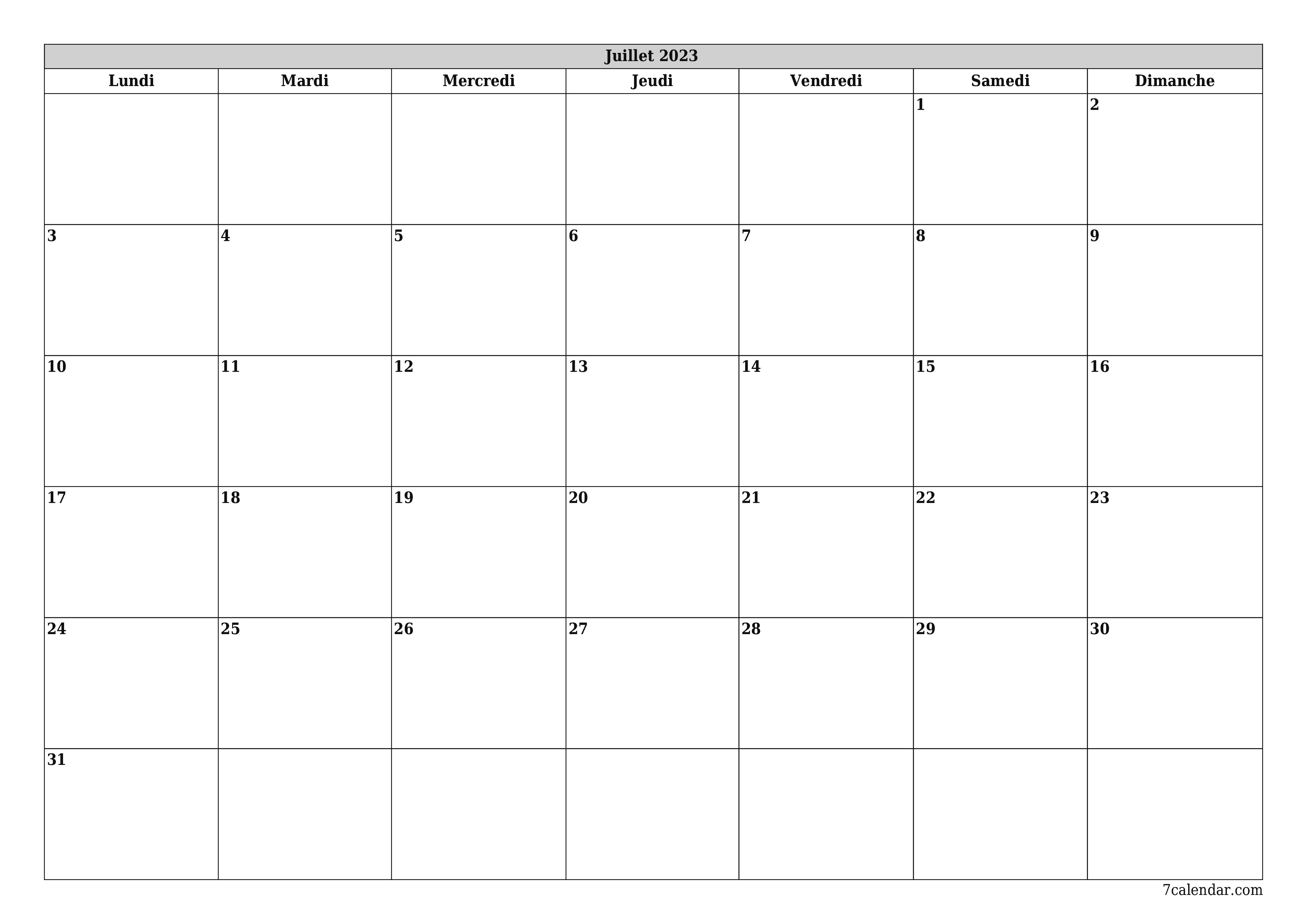 Agenda mensuel vide pour le mois Juillet 2023 avec notes, enregistrez et imprimez au format PDF PNG French