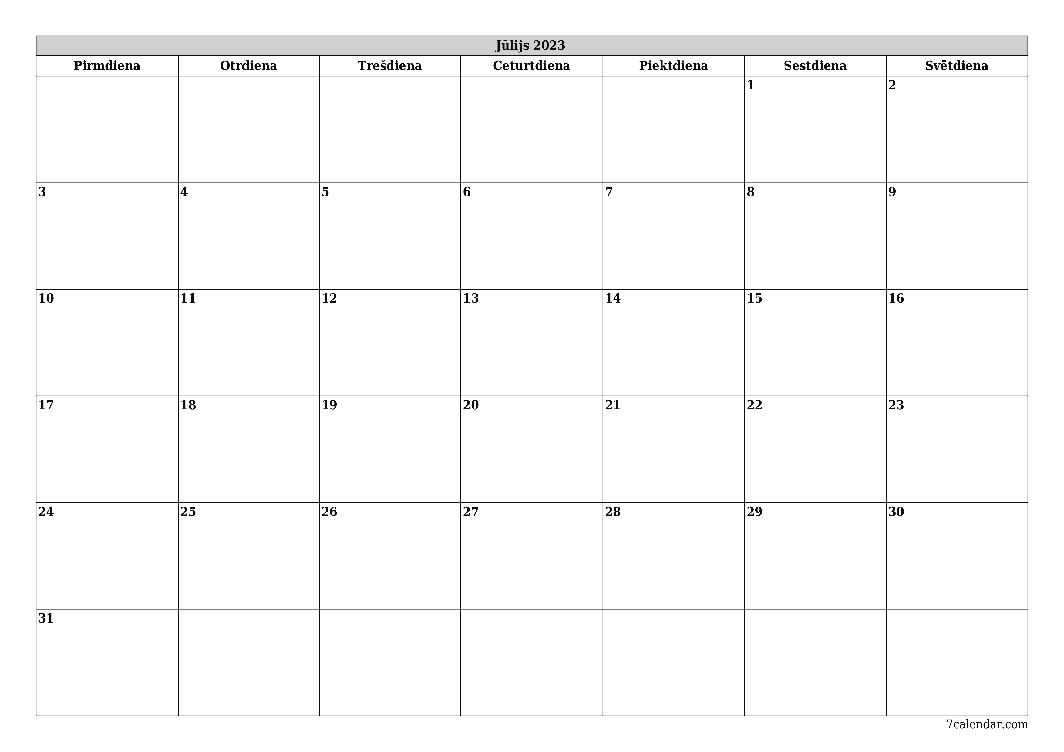izdrukājams sienas kalendāra veidne bezmaksas horizontāli Mēneša plānotājs kalendārs Jūlijs (Jūl) 2023