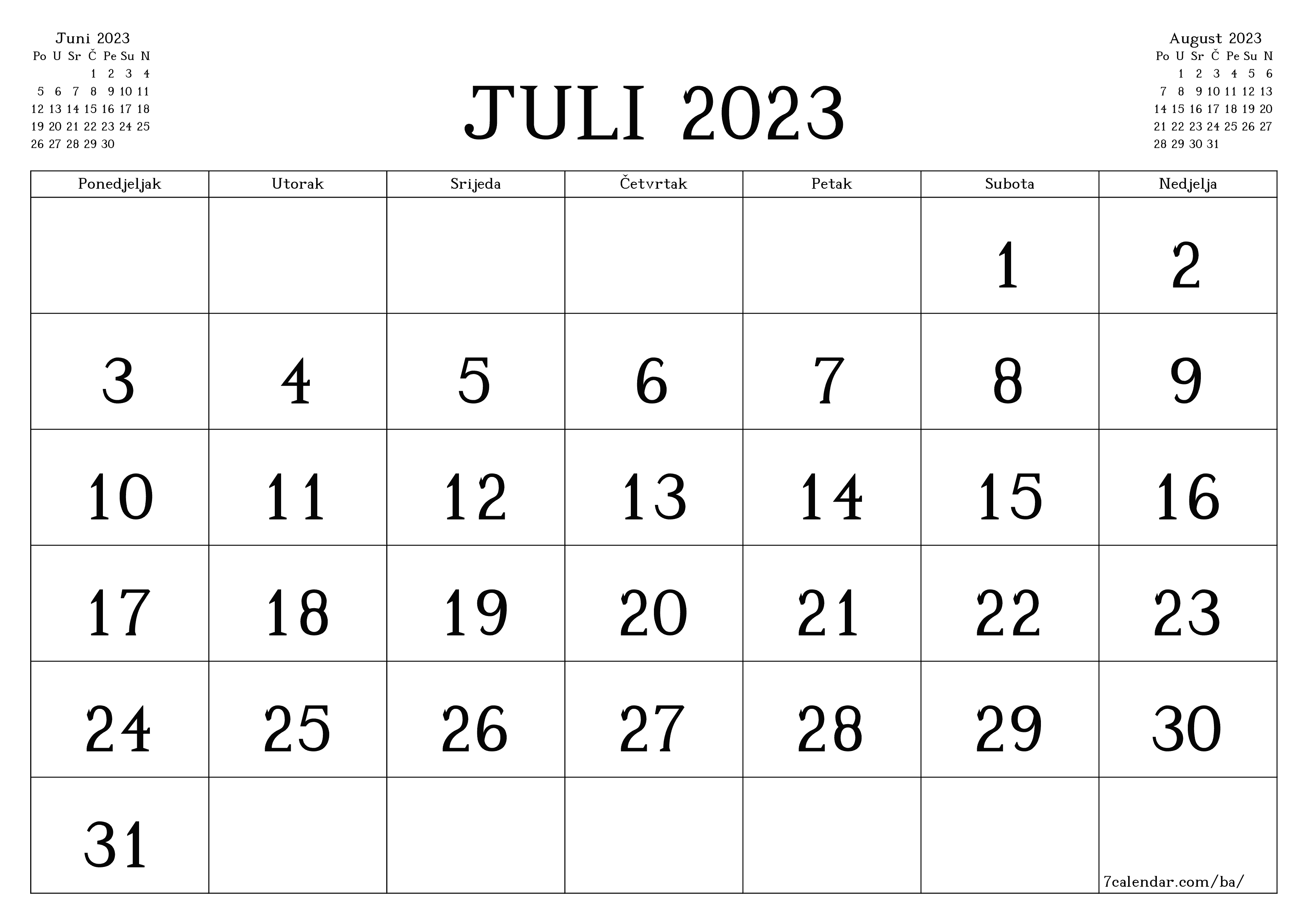 Ispraznite mjesečni planer za mjesec Juli 2023 s bilješkama, spremite i ispišite u PDF PNG Bosnian