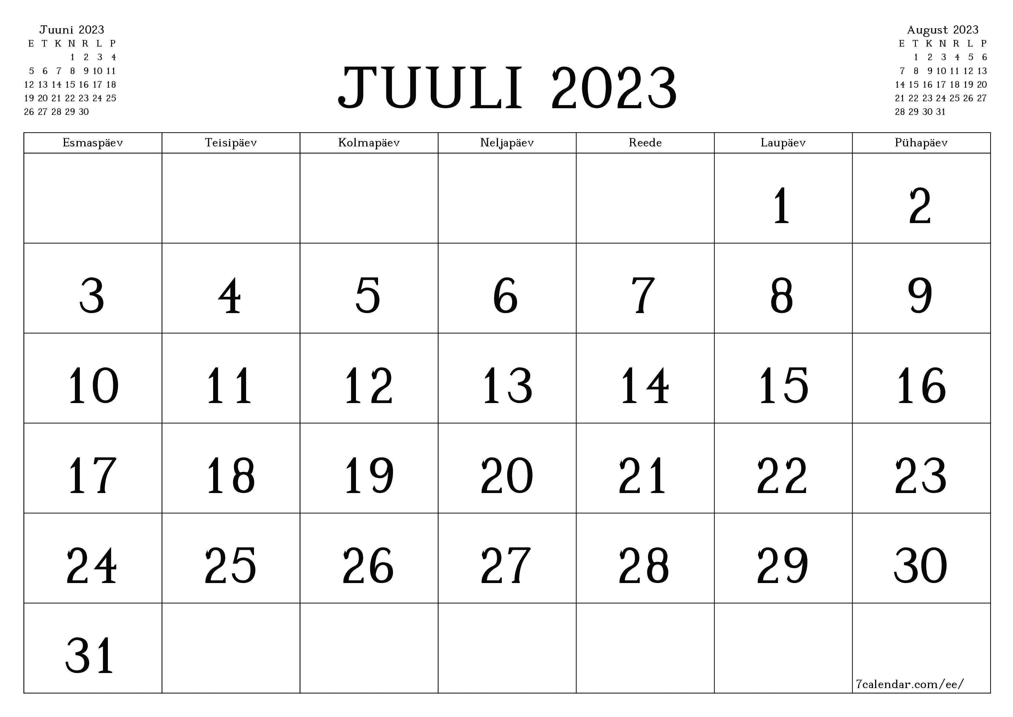 Tühjendage kuu Juuli 2023 kuuplaneerija märkmetega, salvestage ja printige PDF-i PNG Estonian